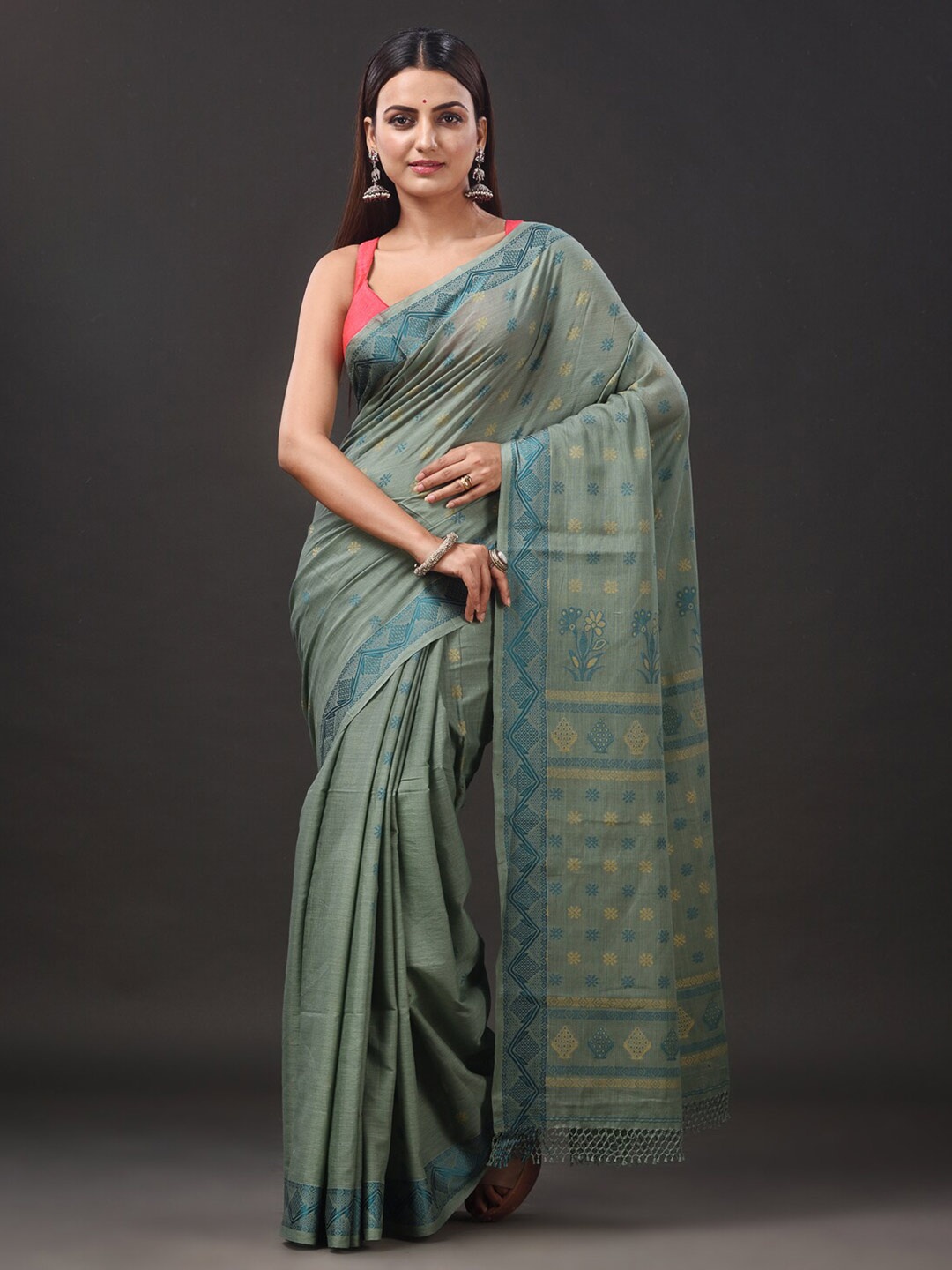 

Mitera Woven Design Pure Cotton Saree, Green