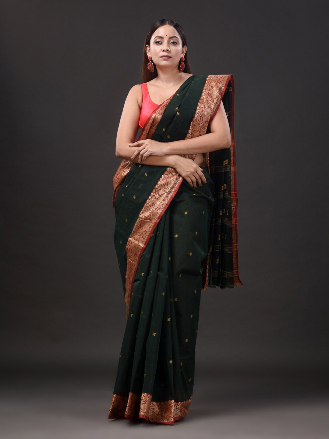 

Mitera Green & Red Woven Design Zari Pure Cotton Taant Saree