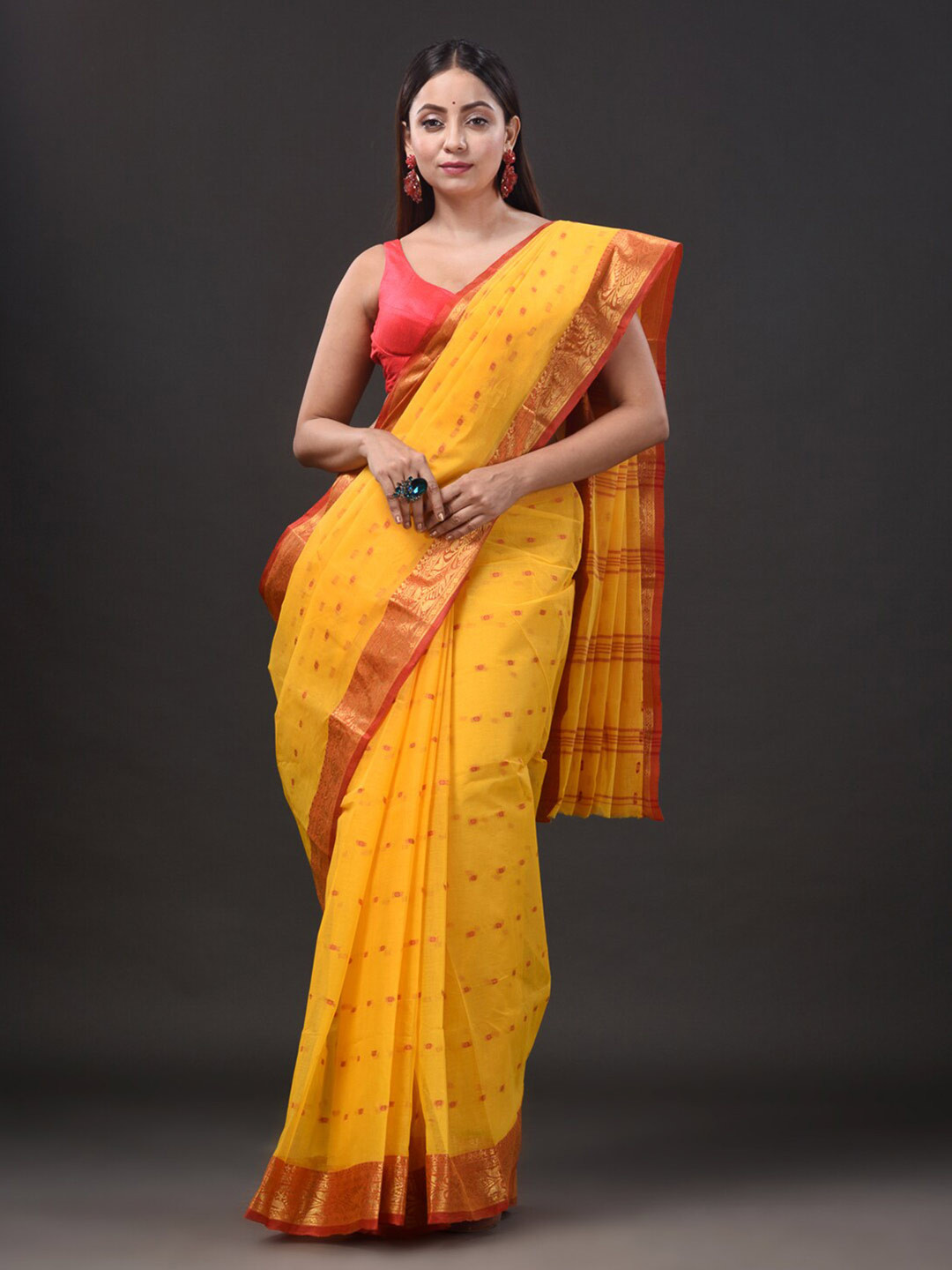 

Mitera Woven Design Zari Pure Cotton Taant Saree, Yellow