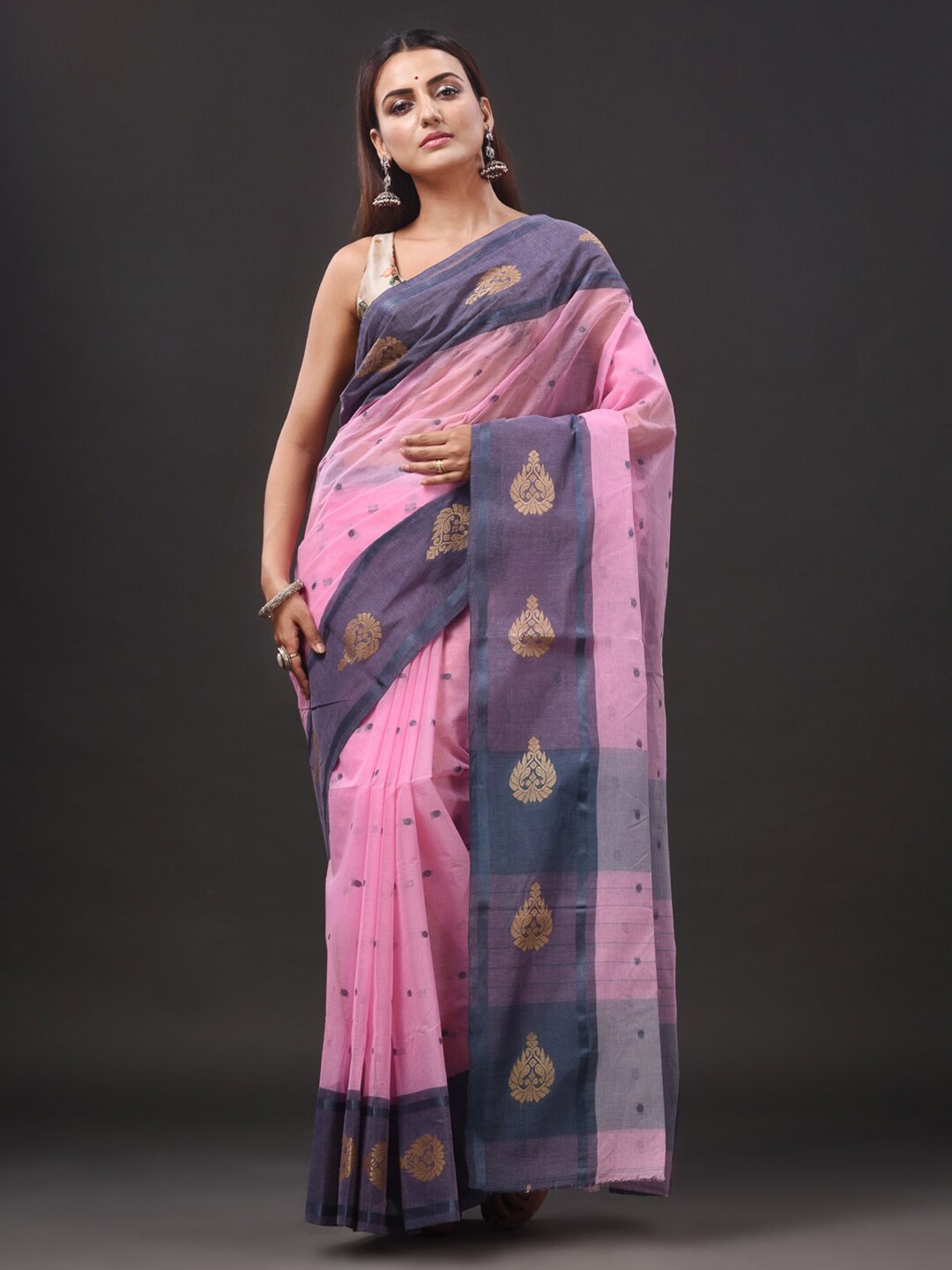 

Mitera Ethnic Motifs Woven Design Pure Cotton Taant Saree, Pink