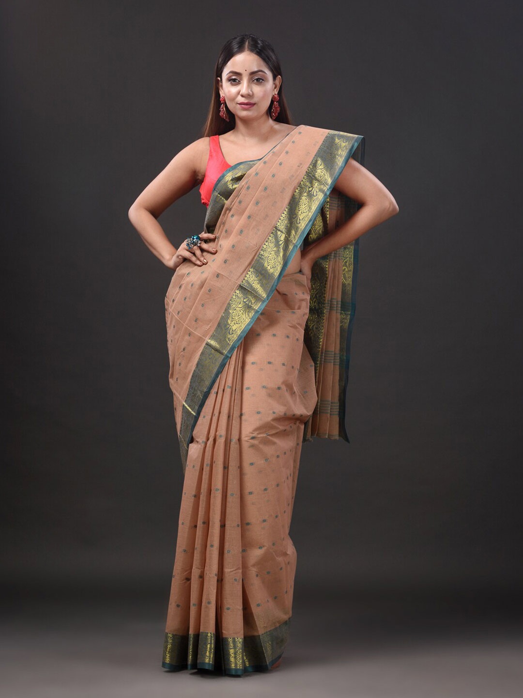

Mitera Beige Ethnic Motifs Woven Design Zari Pure Cotton Taant Saree