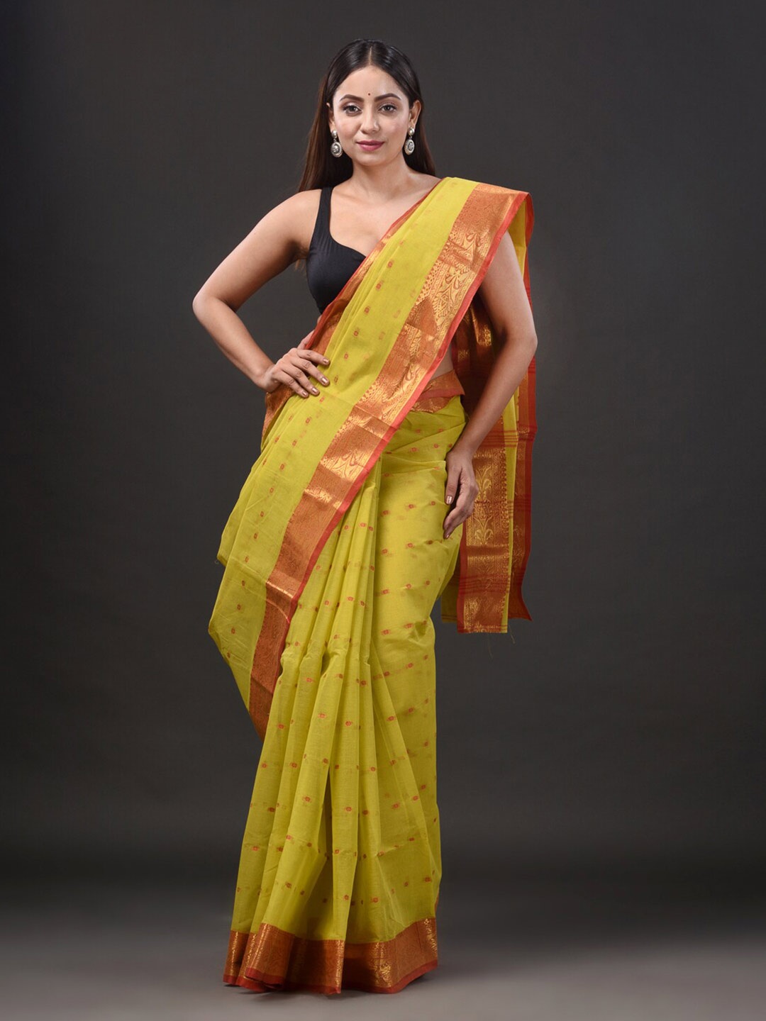 

Mitera Woven Design Zari Pure Cotton Taant Saree, Yellow