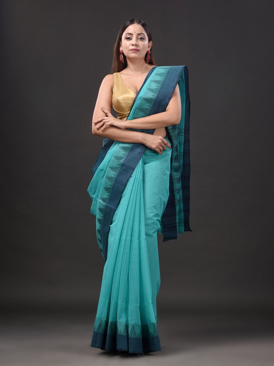 

Mitera Pure Cotton Taant Saree, Sea green