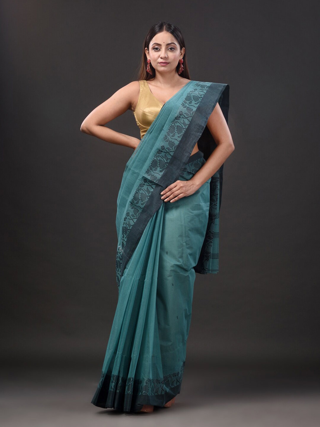 

Mitera Woven Design Pure Cotton Taant Saree, Sea green