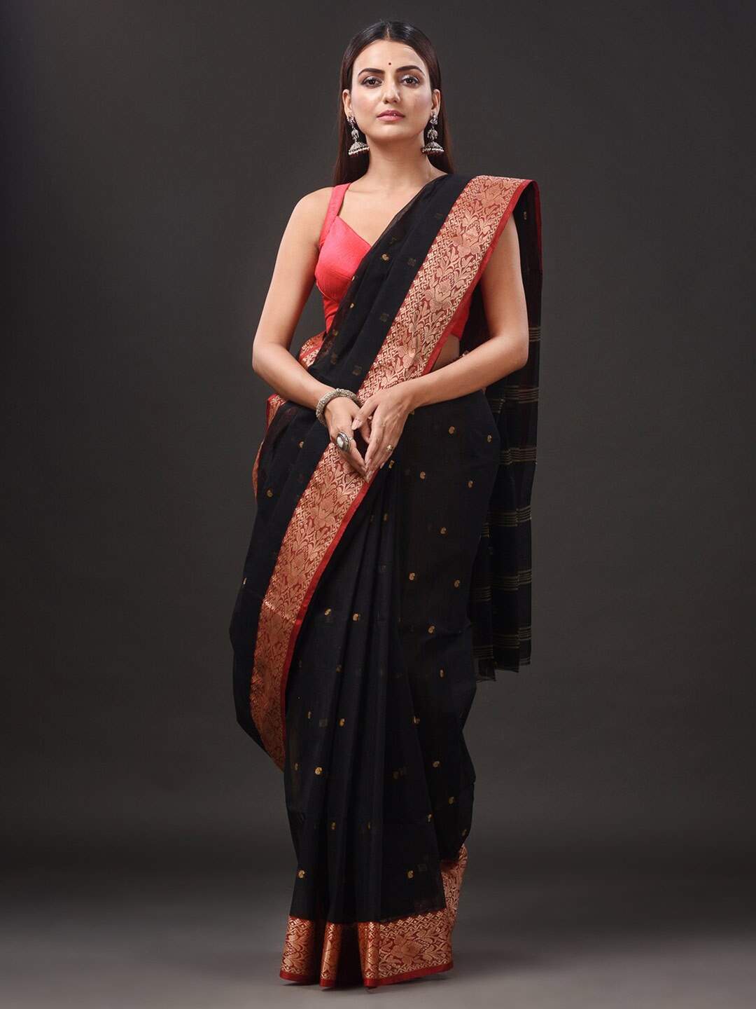 

Mitera Black Ethnic Motifs Woven Design Zari Pure Cotton Taant Saree