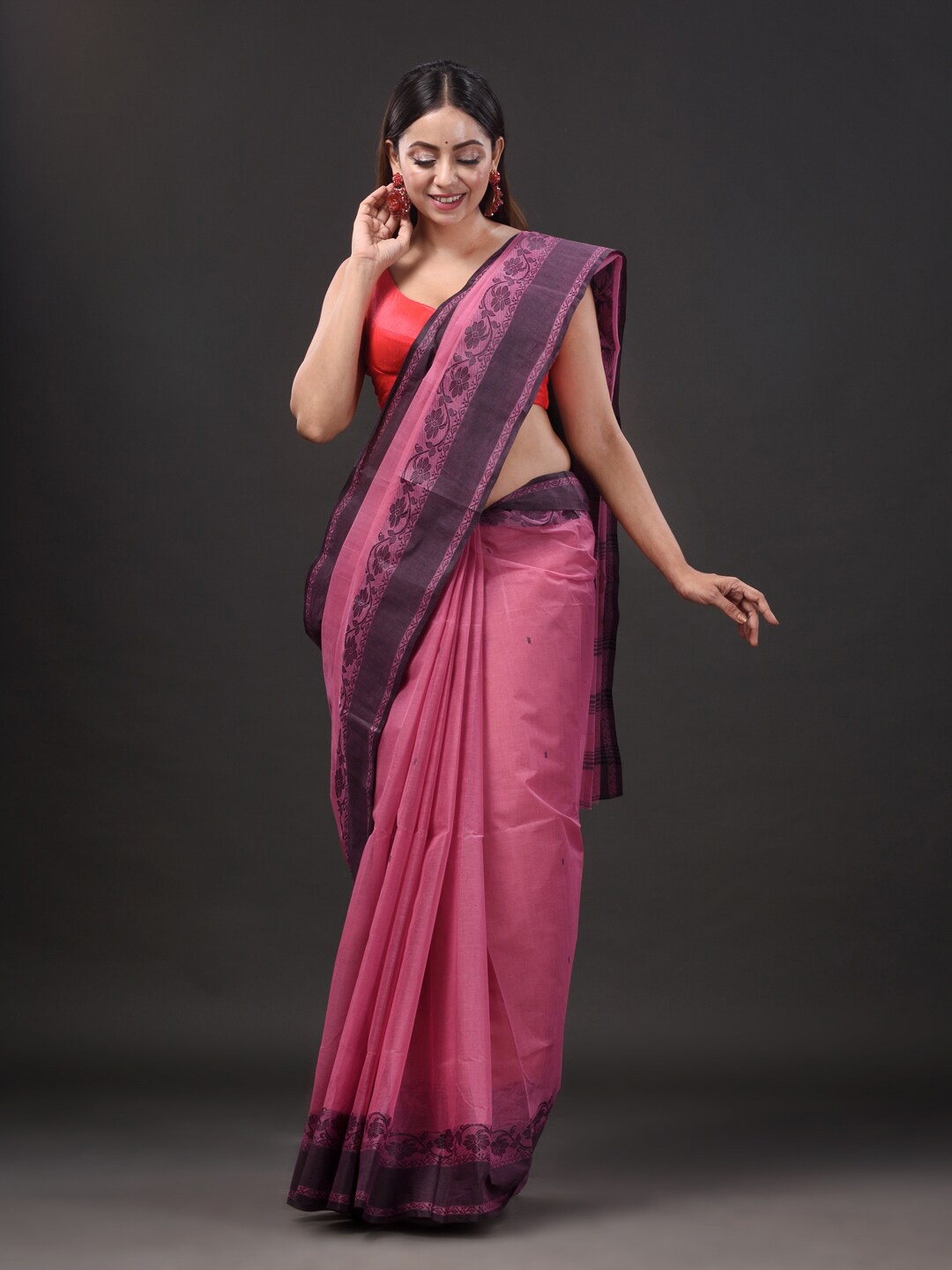 

Mitera Woven Design Border Pure Cotton Taant Saree, Pink