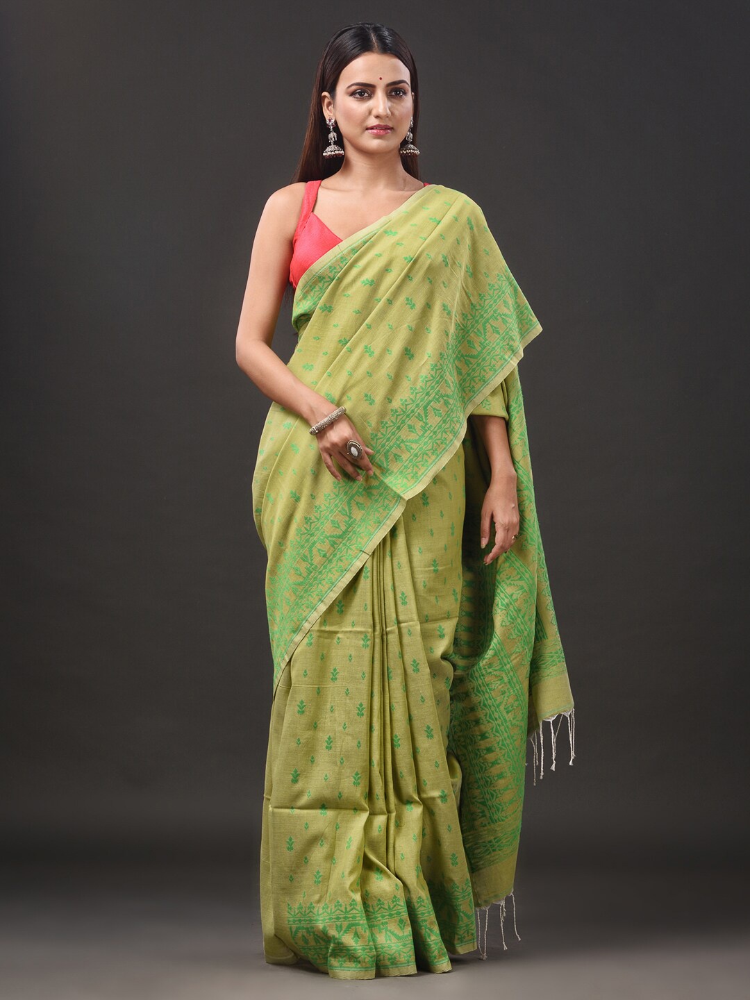 

Mitera Green Ethnic Motifs Woven Design Pure Cotton Saree