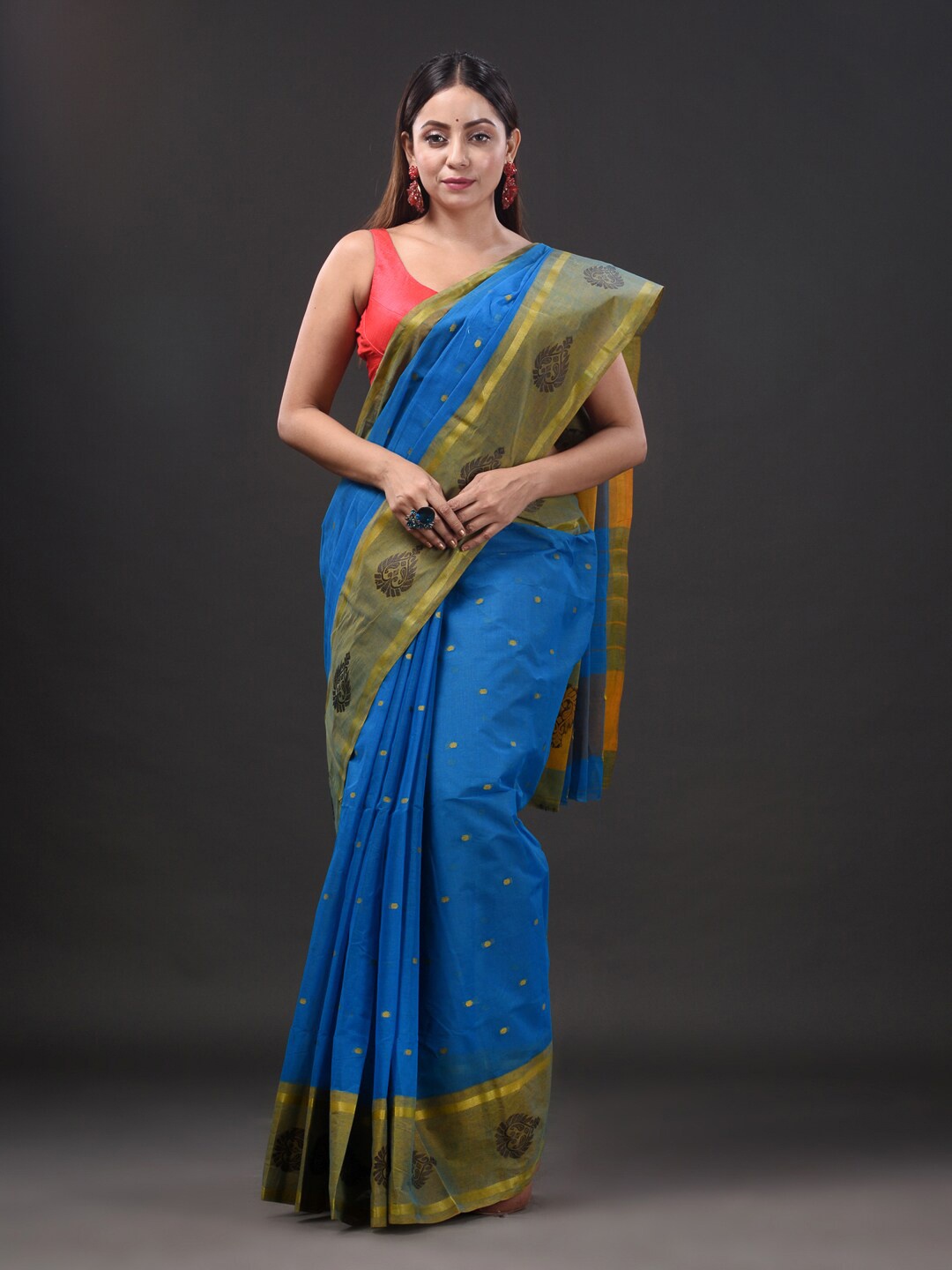 

Mitera Blue & Yellow Ethnic Motifs Woven Design Pure Cotton Taant Saree