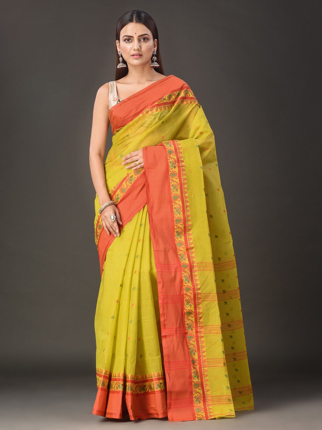 

Mitera Lime Green & Orange-Coloured Ethnic Motifs Woven Design Pure Cotton Taant Saree