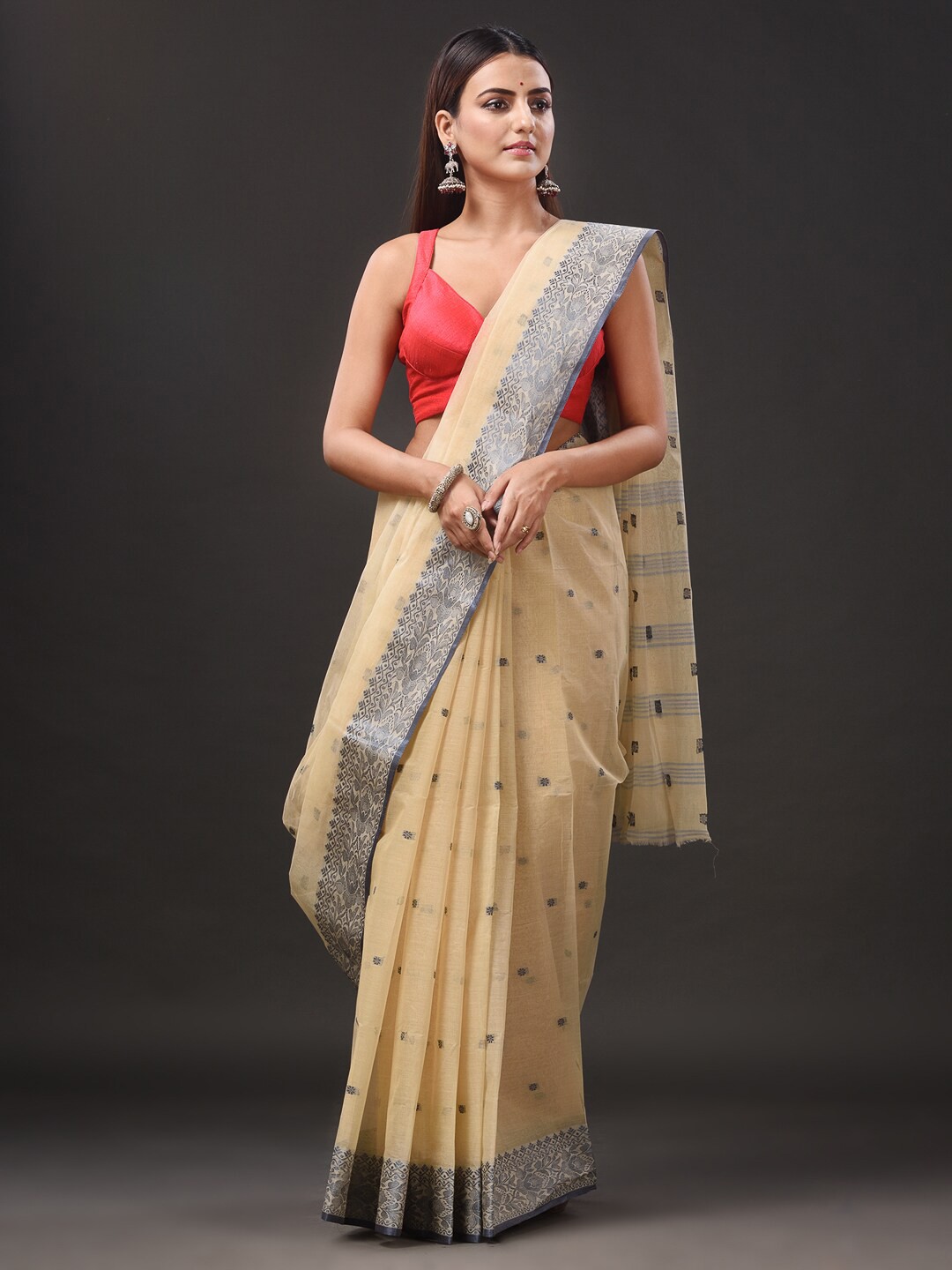 

Mitera Woven Design Pure Cotton Taant Saree, Beige