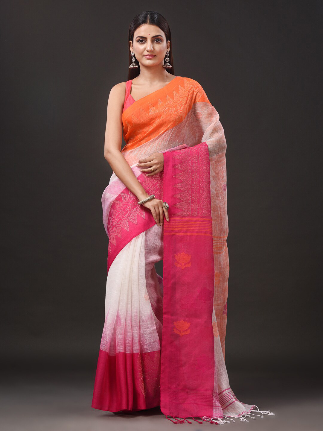 

Mitera Pink & White Ethnic Motifs Woven Design Pure Linen Saree