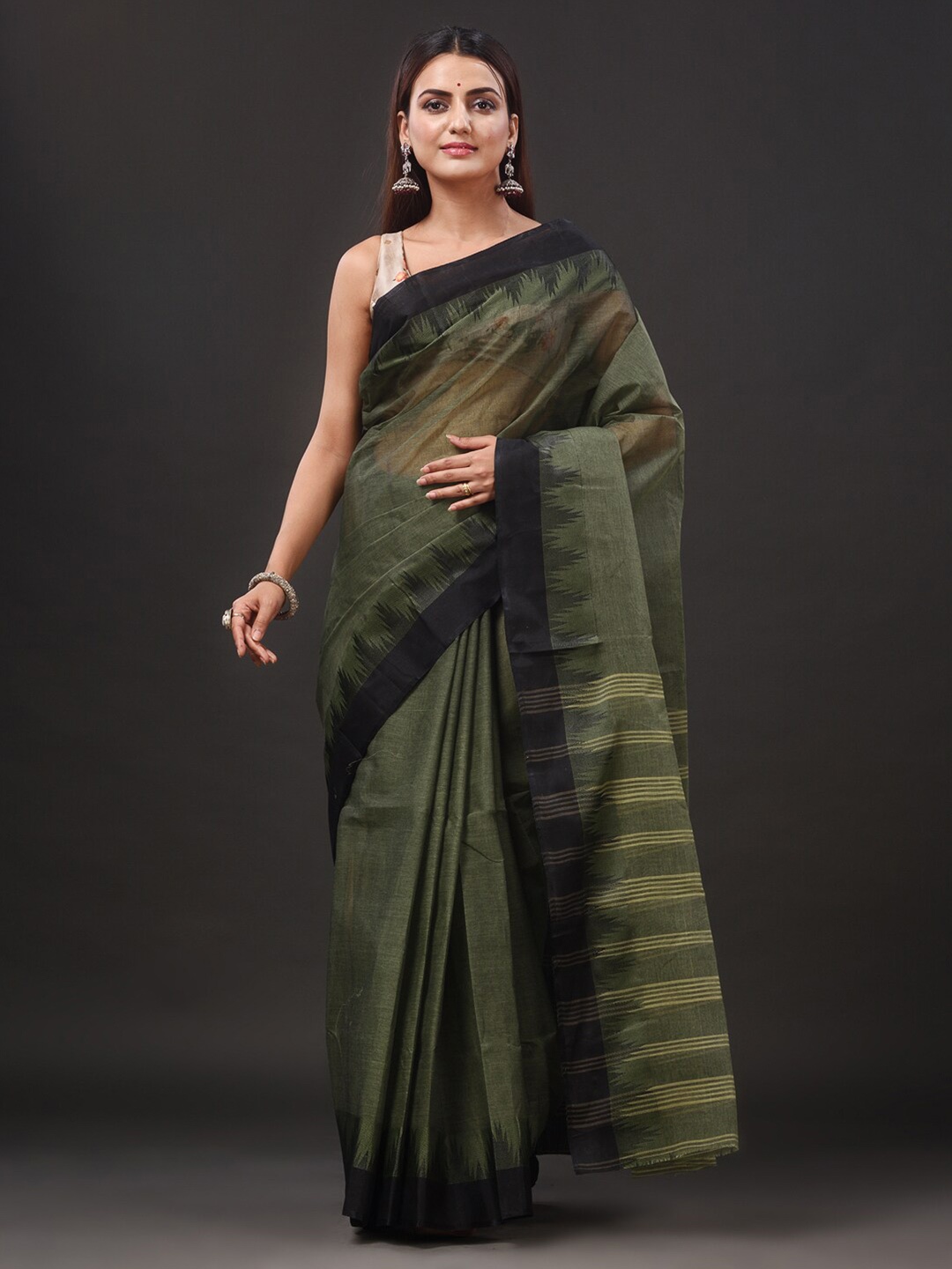

Mitera Pure Cotton Taant Saree, Green
