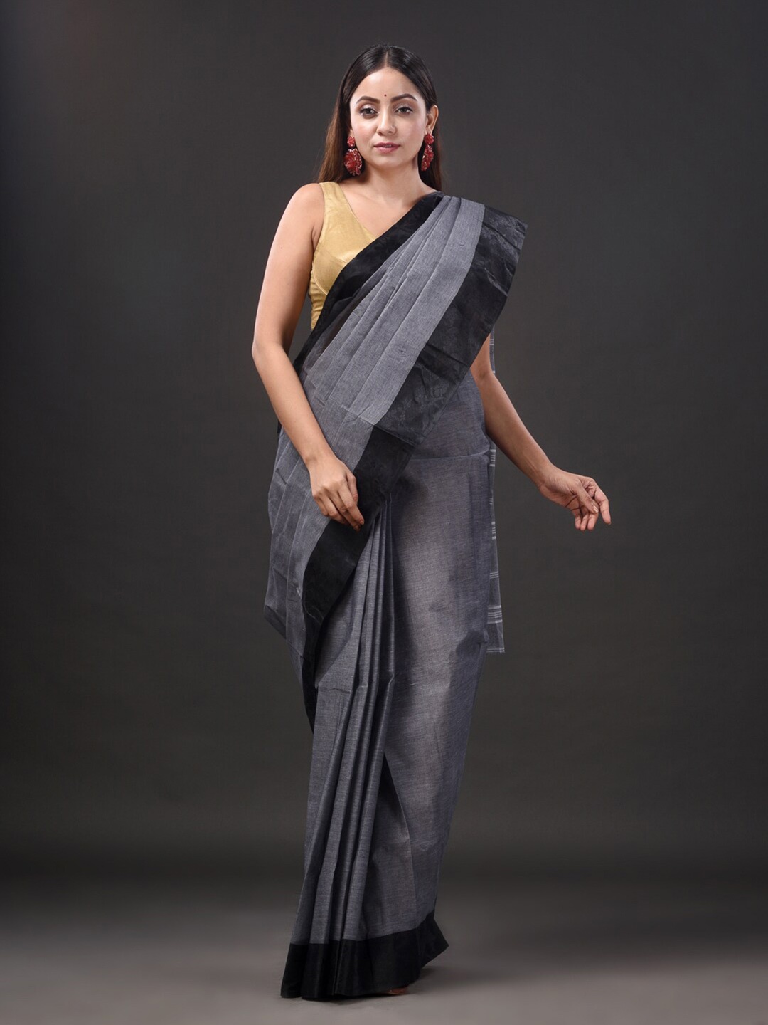 

Mitera Grey & Black Pure Cotton Taant Saree
