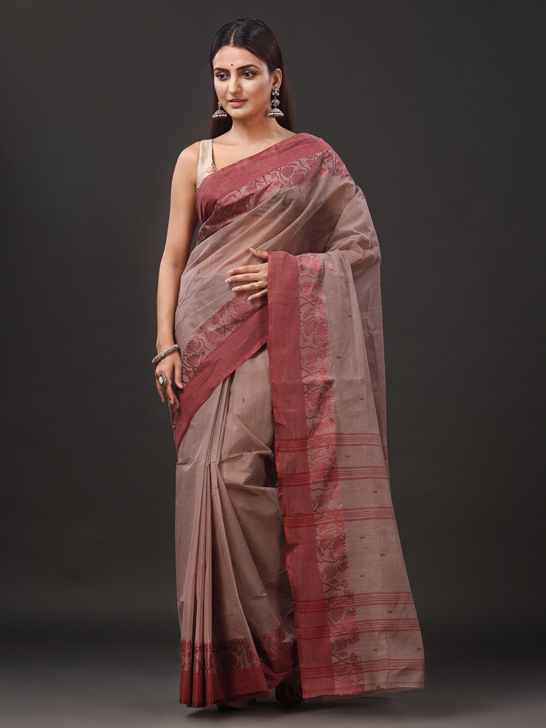 

Mitera Woven Design Pure Cotton Taant Saree, Beige