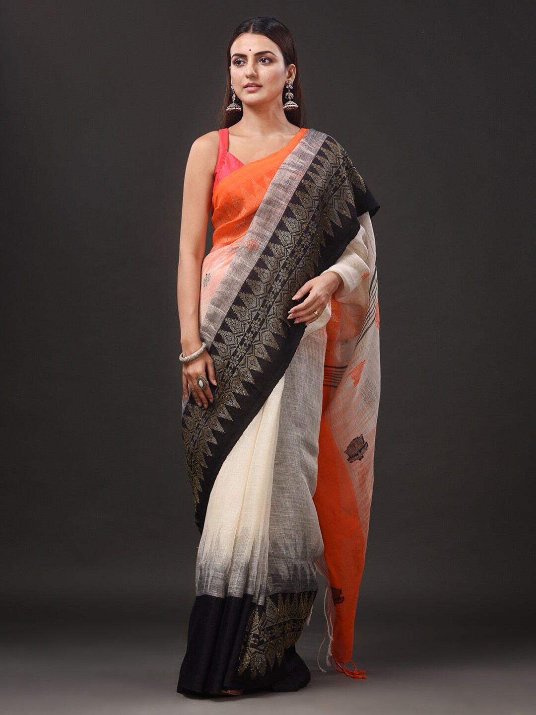 

Mitera Off-White Ethnic Motifs Woven Design Pure Linen Saree