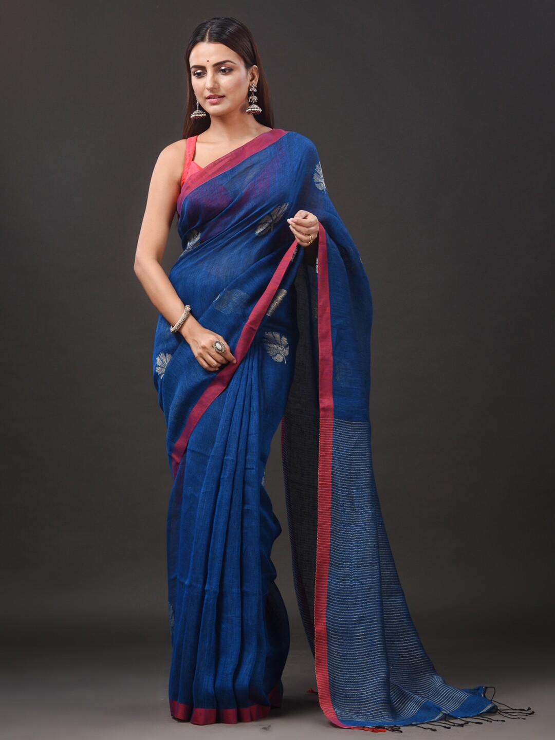 

Mitera Blue & Red Ethnic Motifs Woven Design Pure Linen Saree