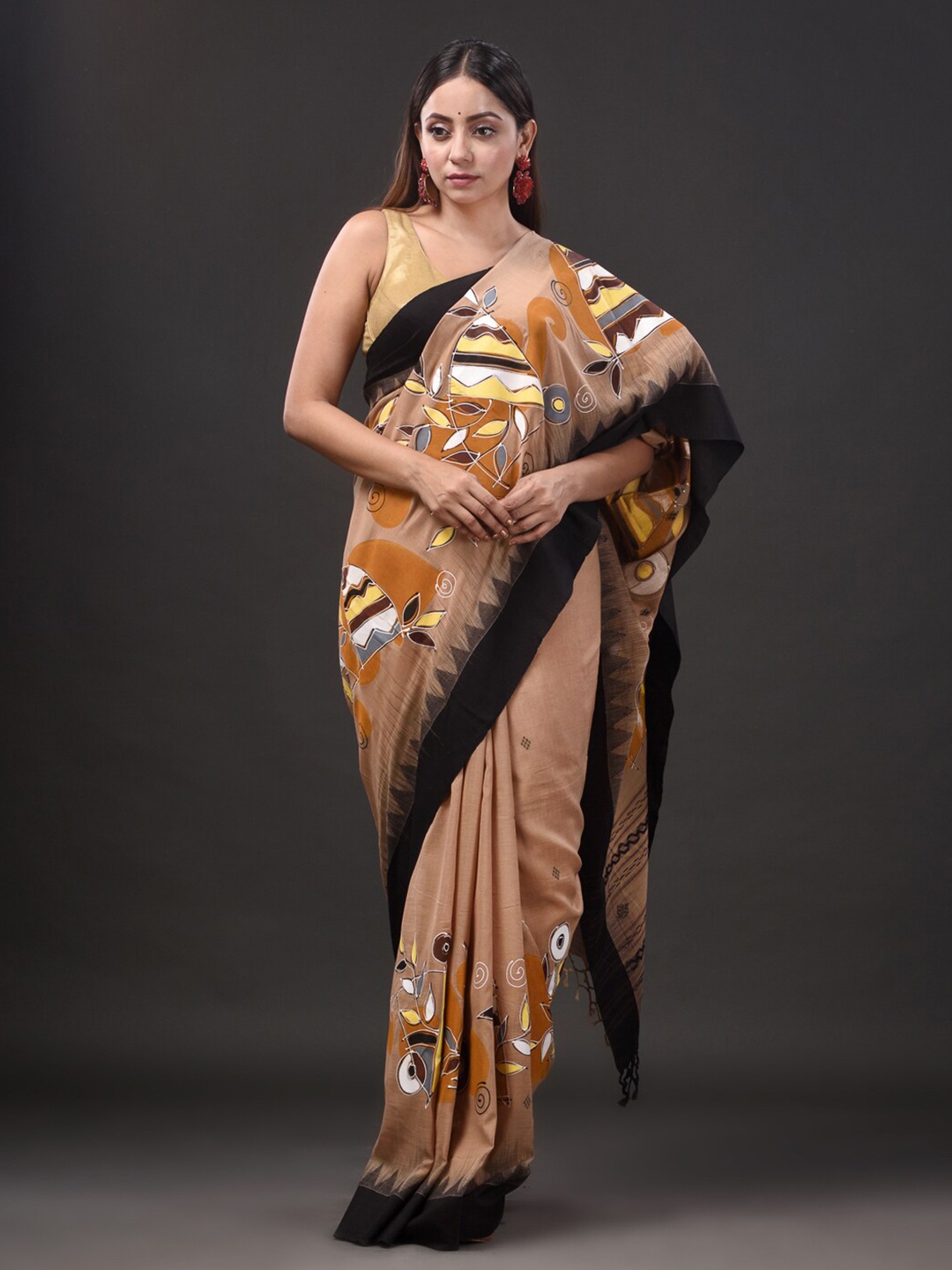 

Mitera Beige & Black Ethnic Motifs Printed Pure Cotton Saree