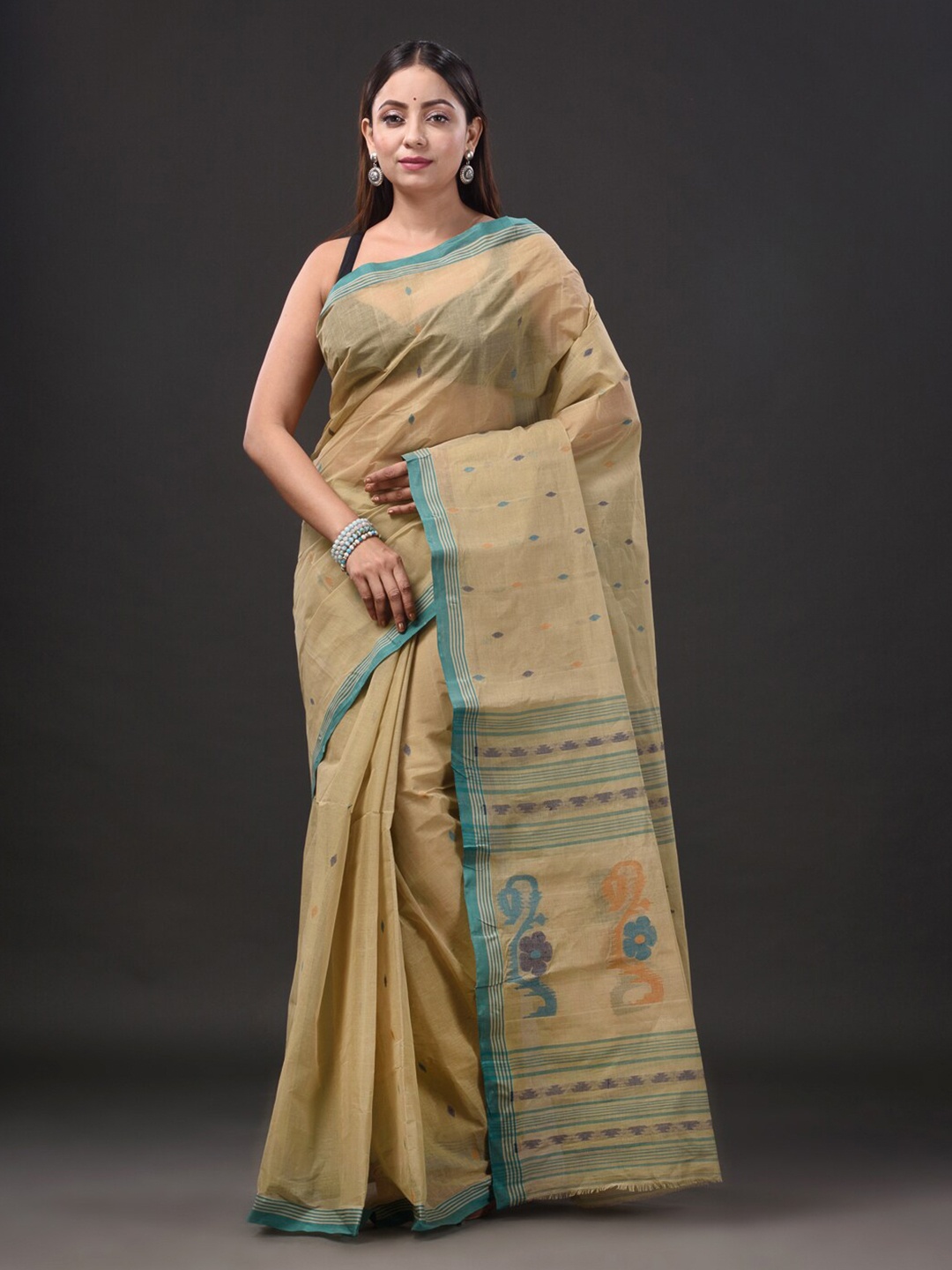 

Mitera Beige & Turquoise Blue Ethnic Motifs Woven Design Pure Cotton Saree