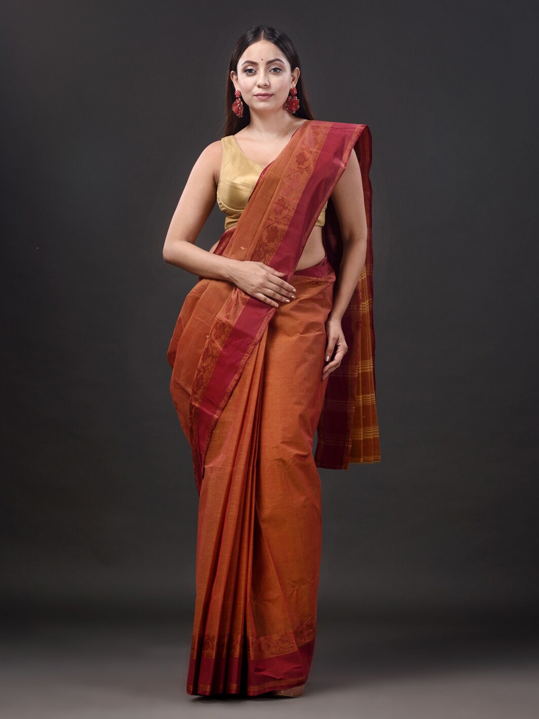 

Mitera Pure Cotton Taant Saree, Rust