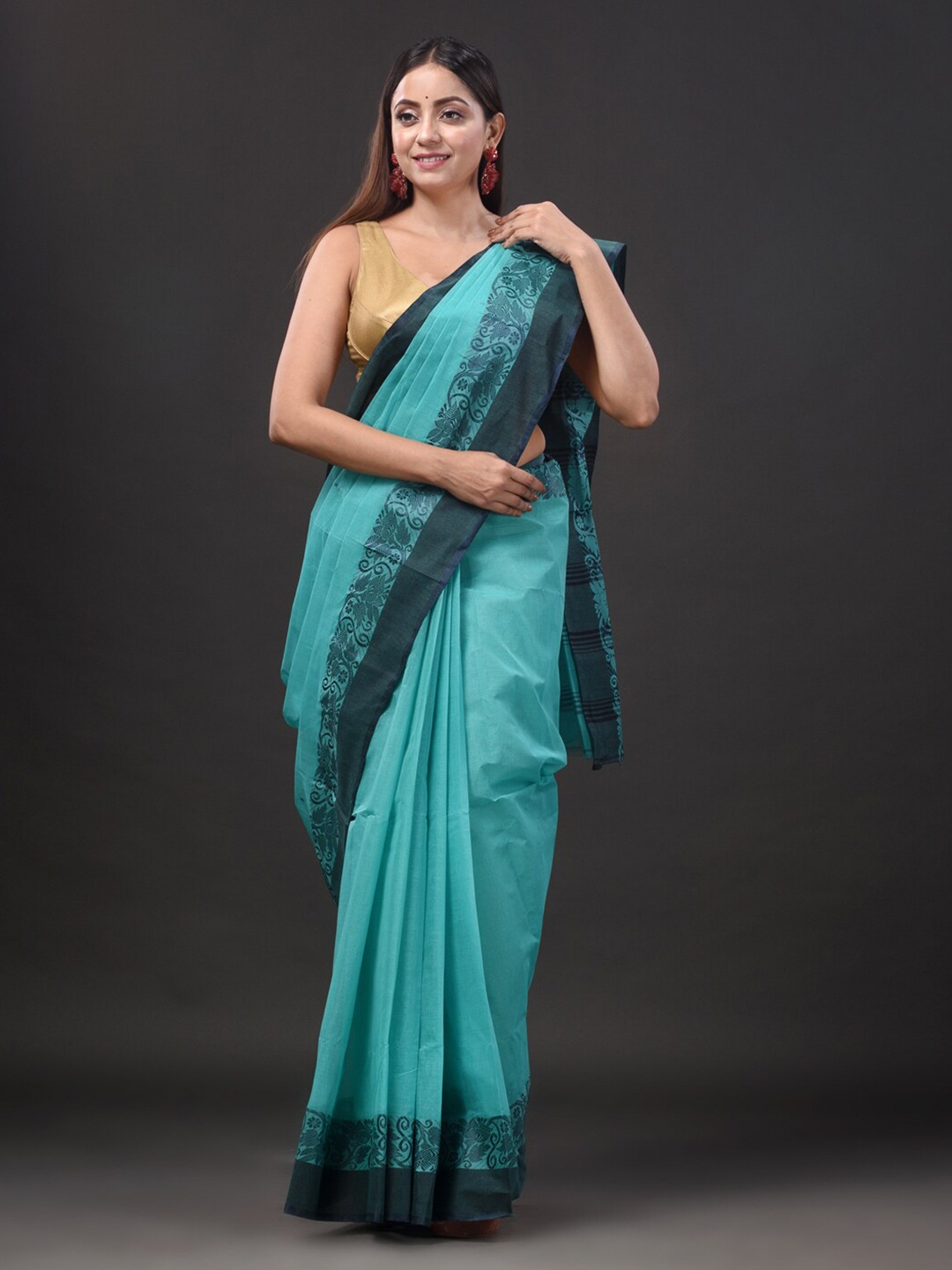 

Mitera Pure Cotton Taant Saree, Sea green