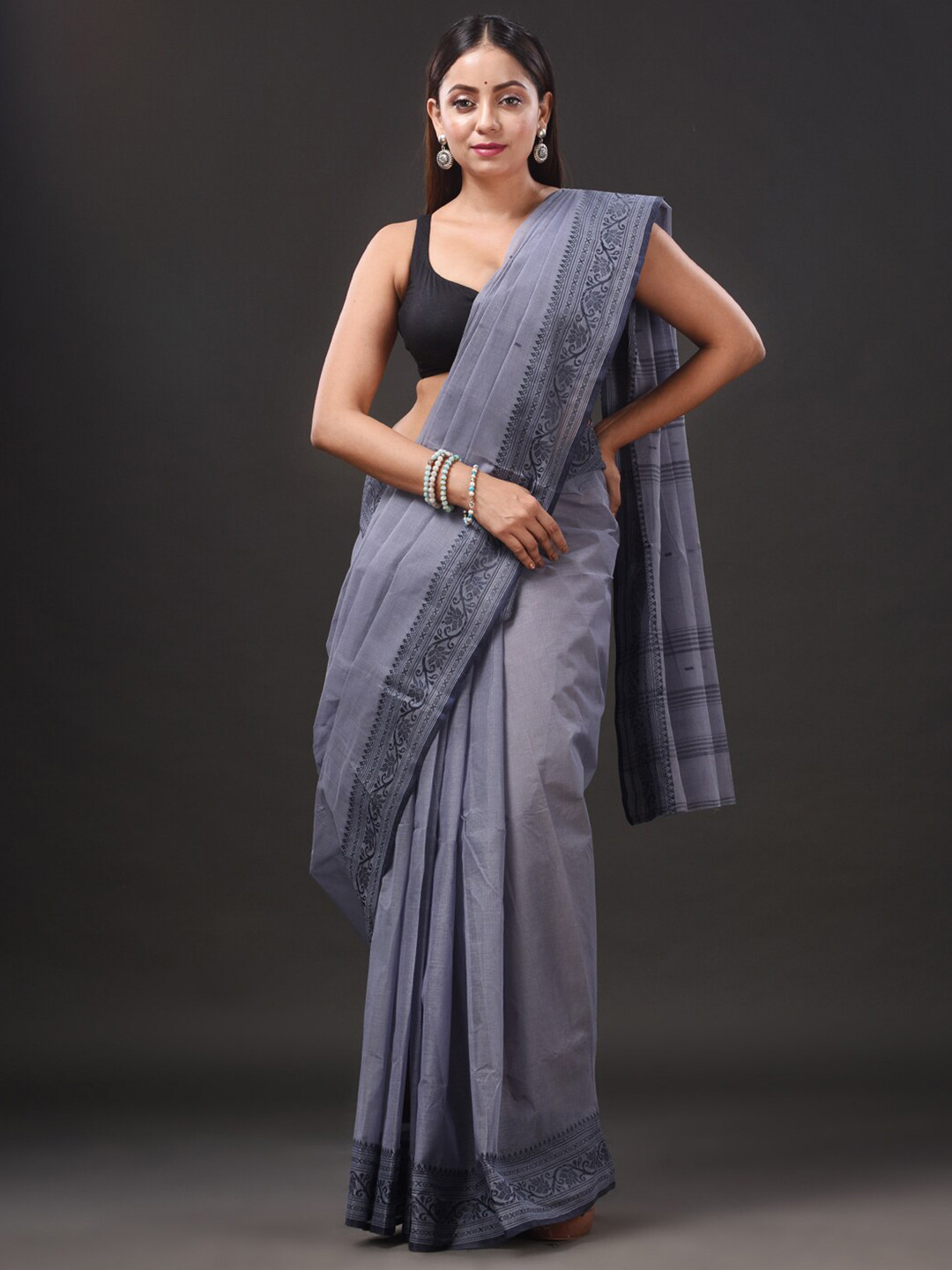 

Mitera Grey Pure Cotton Taant Saree
