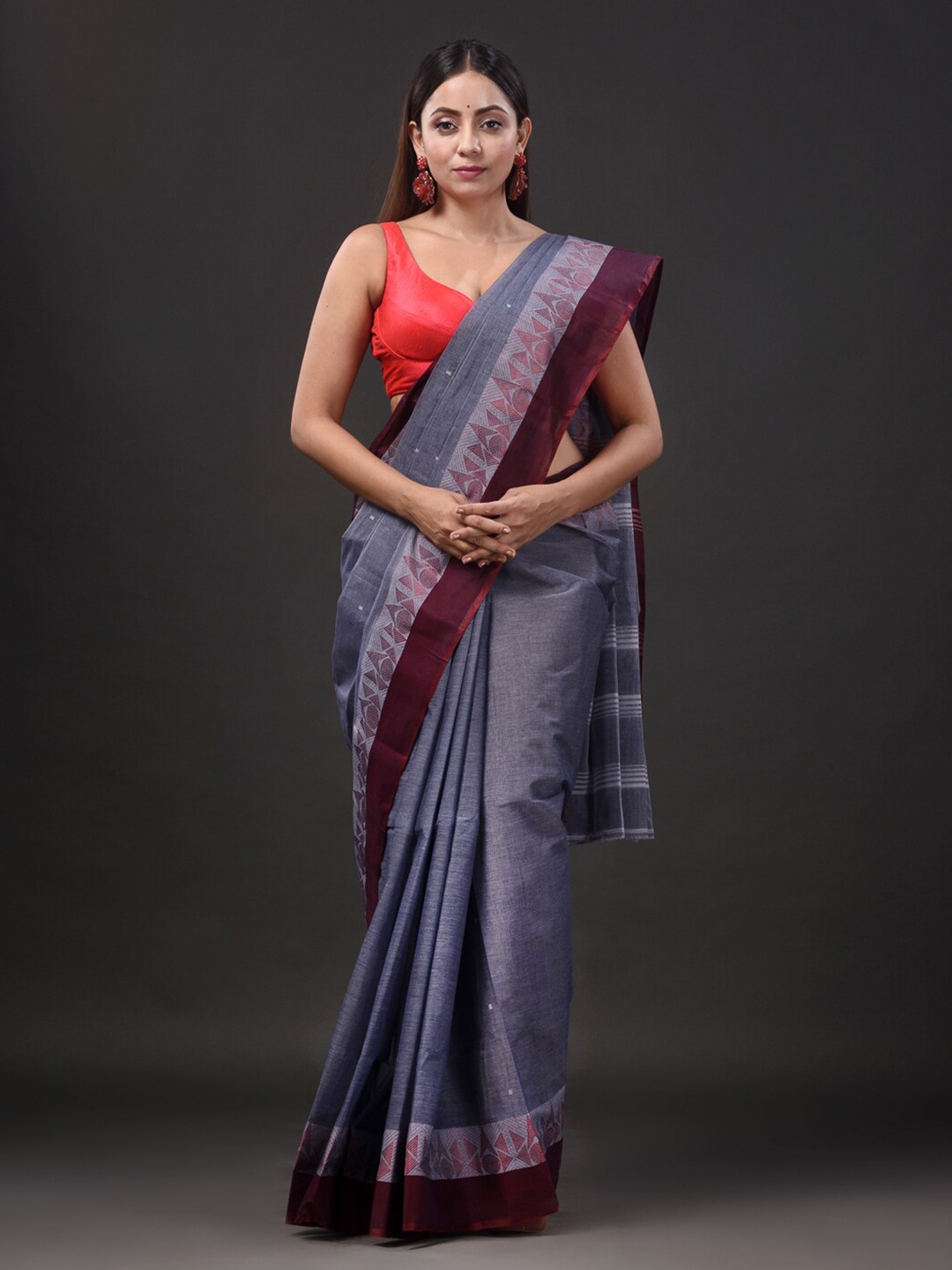 

Mitera Woven Design Border Pure Cotton Taant Saree, Grey