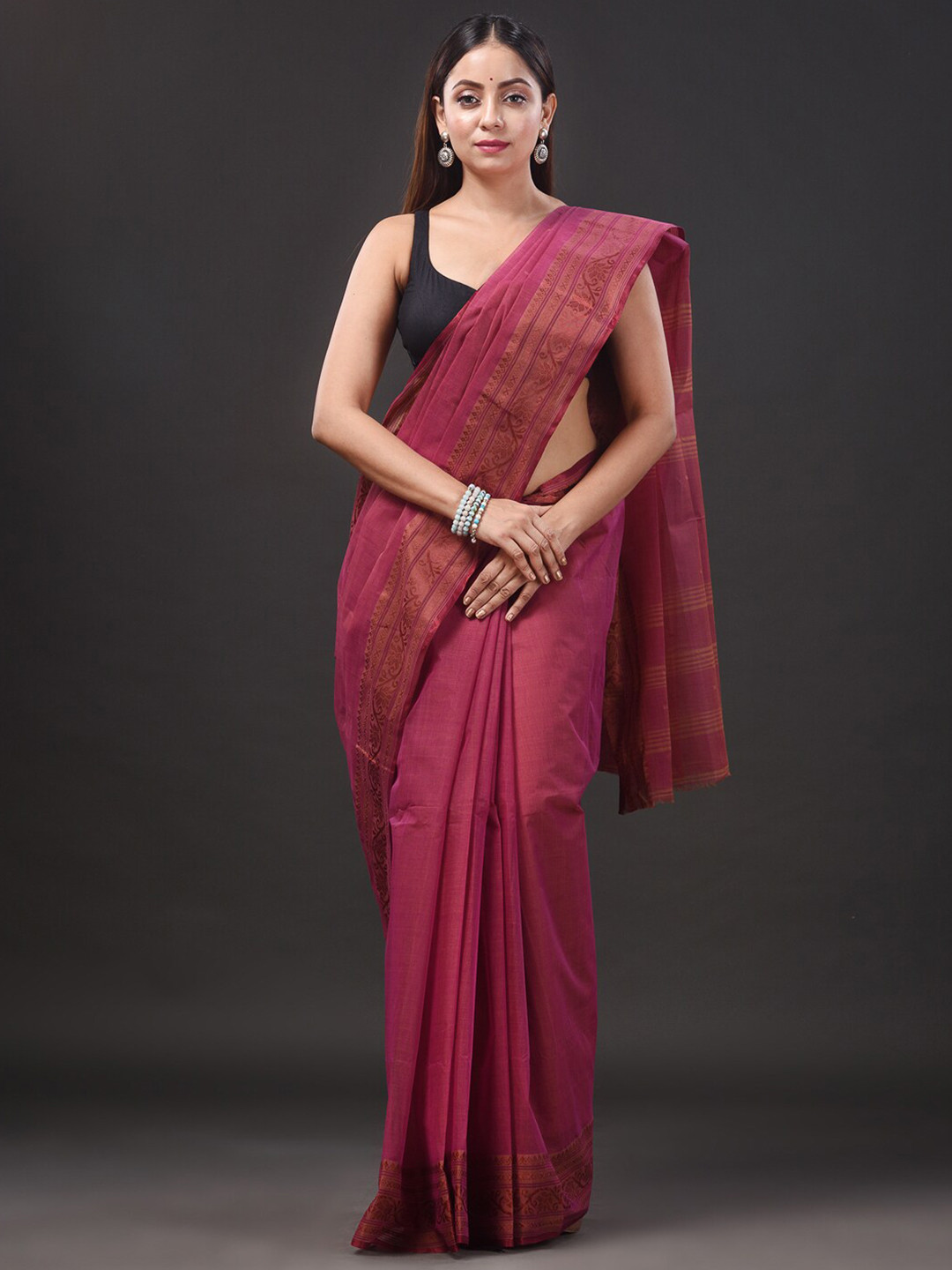 

Mitera Pink & Copper-Toned Ethnic Motifs Woven Design Pure Cotton Taant Saree