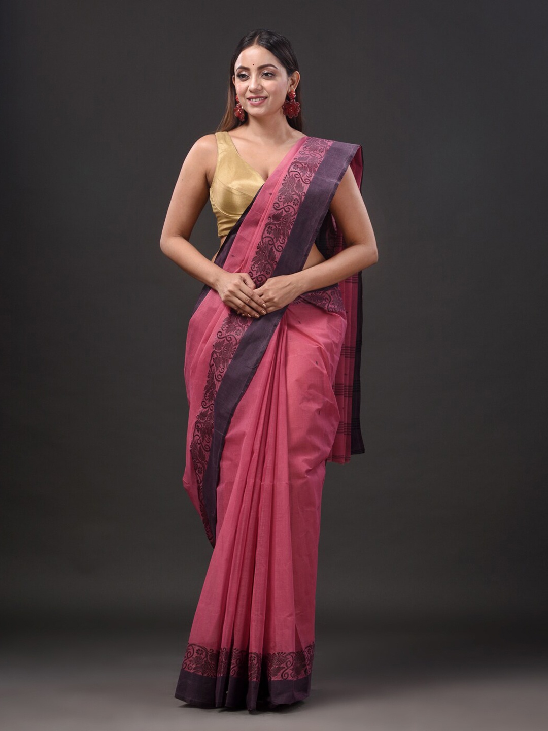 

Mitera Ethnic Motifs Pure Cotton Taant Saree, Pink
