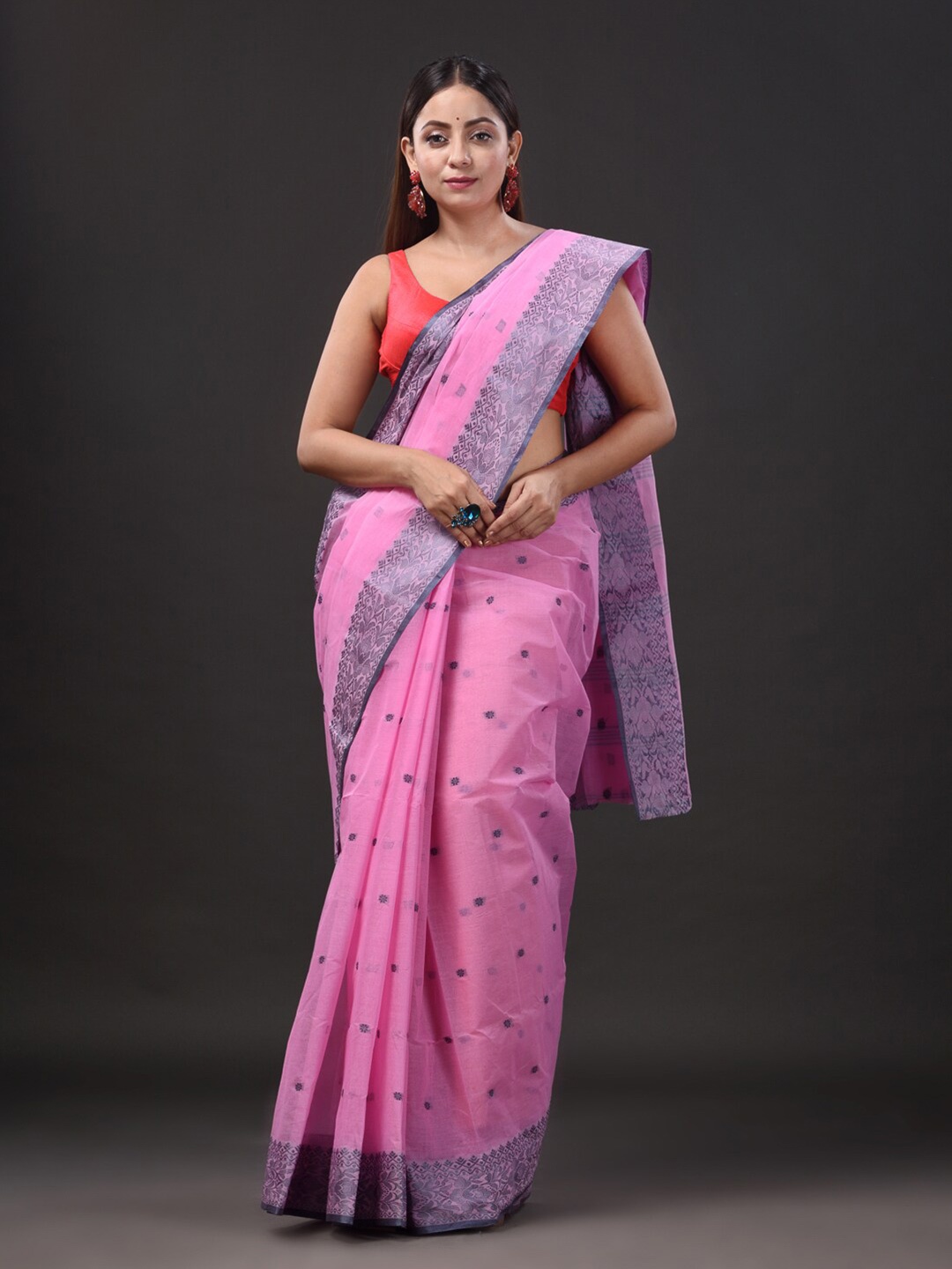

Mitera Woven Design Pure Cotton Taant Saree, Pink
