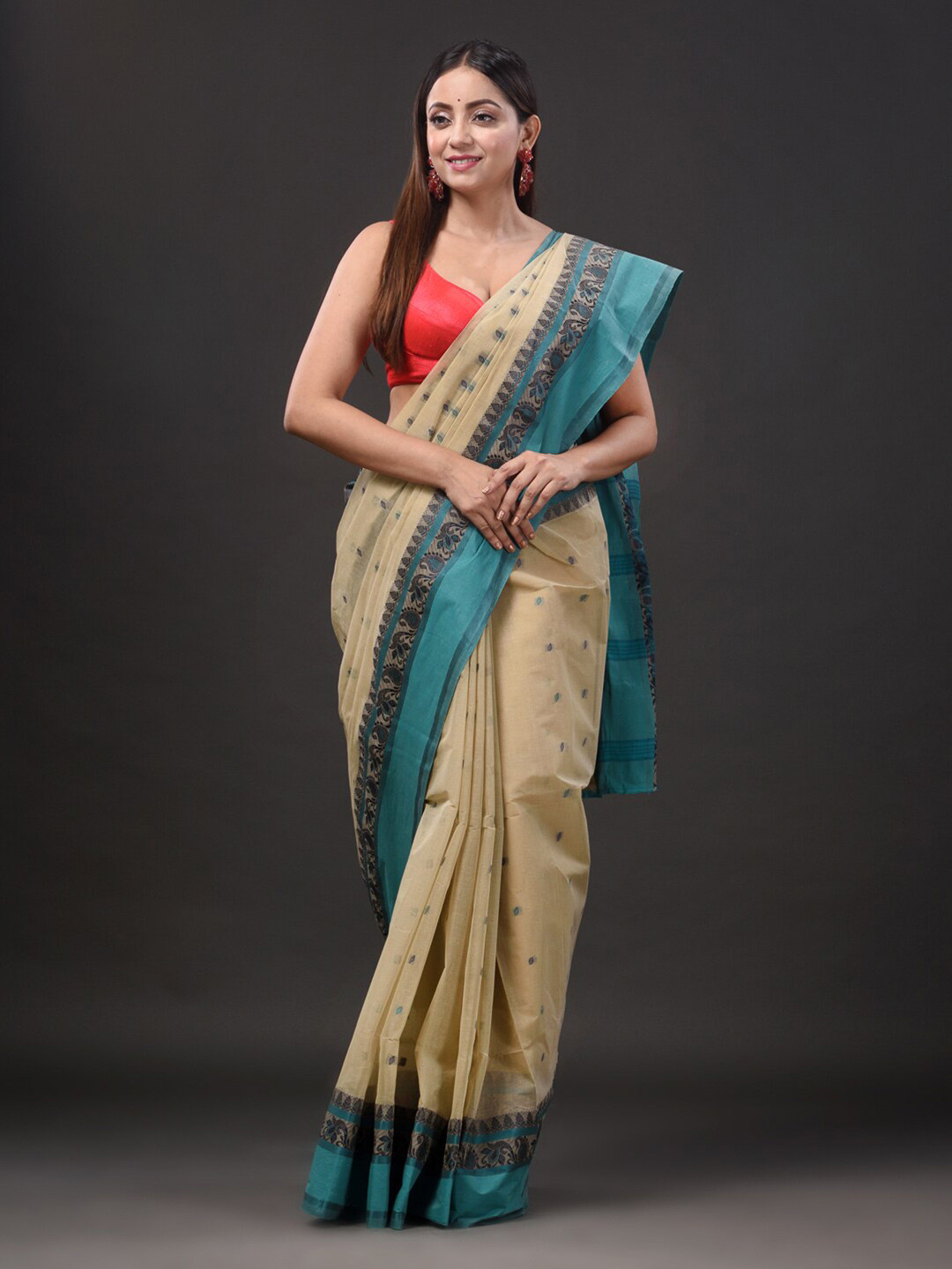 

Mitera Beige & Black Ethnic Motifs Woven Design Pure Cotton Taant Saree
