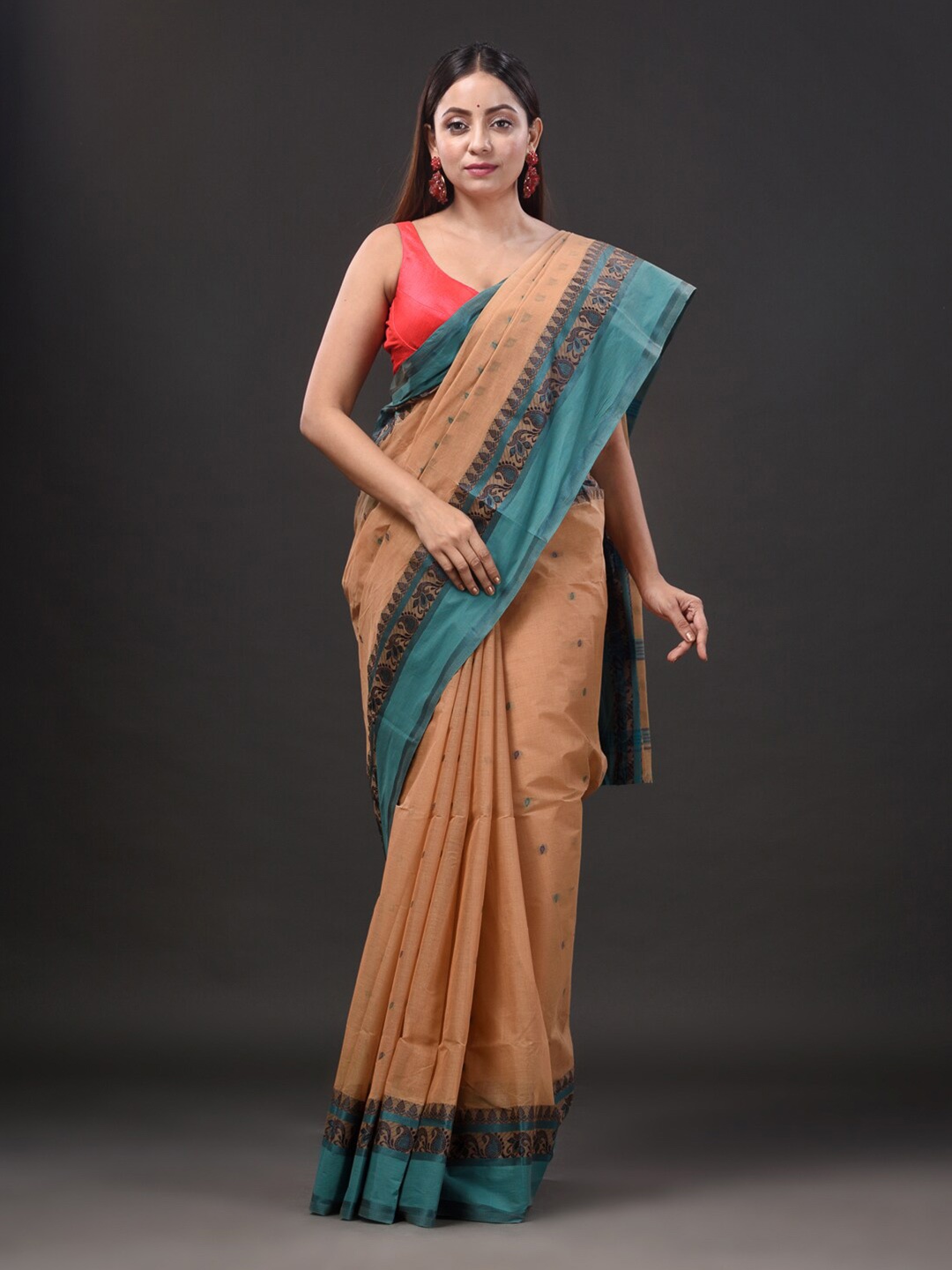 

Mitera Beige & Black Ethnic Motifs Woven Design Pure Cotton Taant Saree