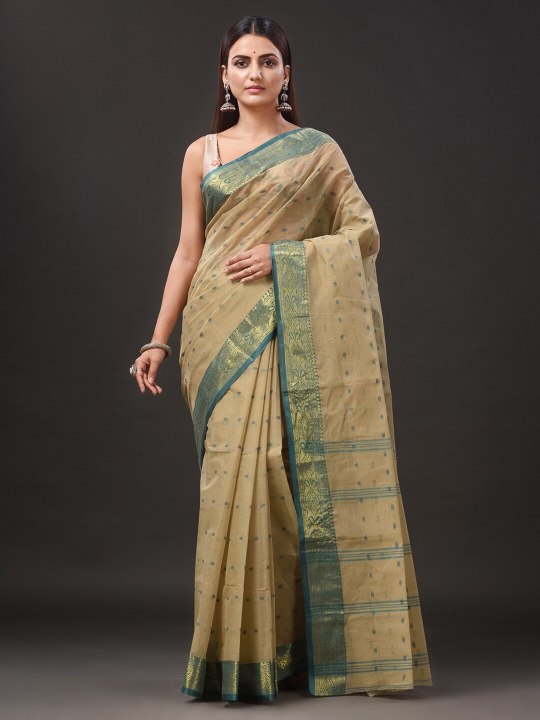 

Mitera Woven Design Zari Pure Cotton Taant Saree, Beige