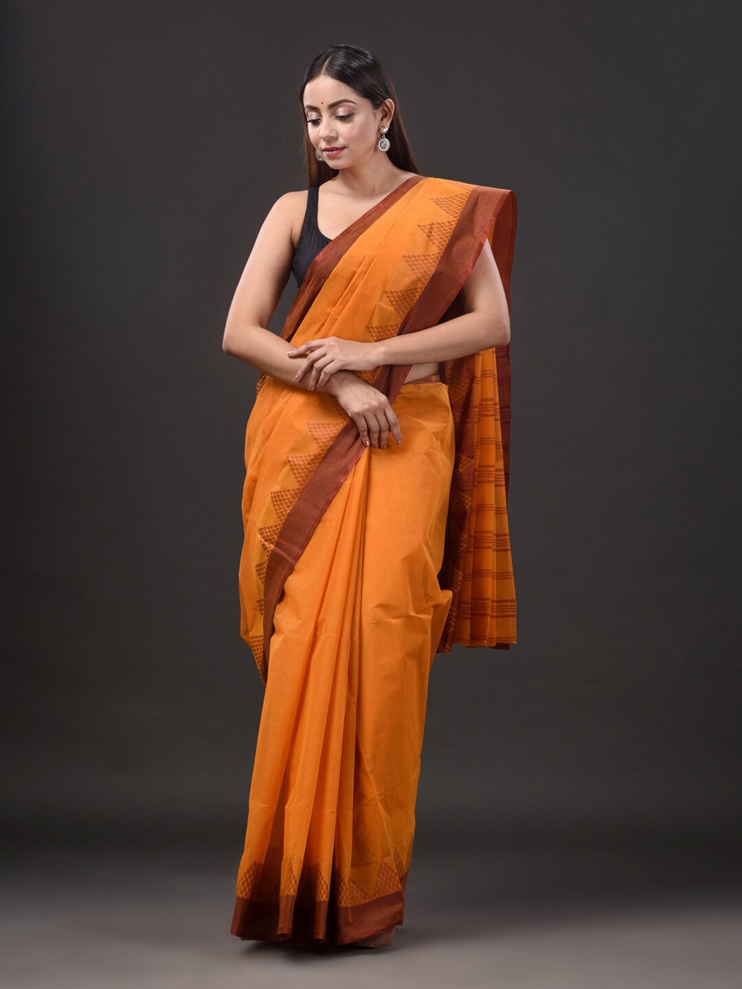 

Mitera Woven Design Border Pure Cotton Taant Saree, Orange