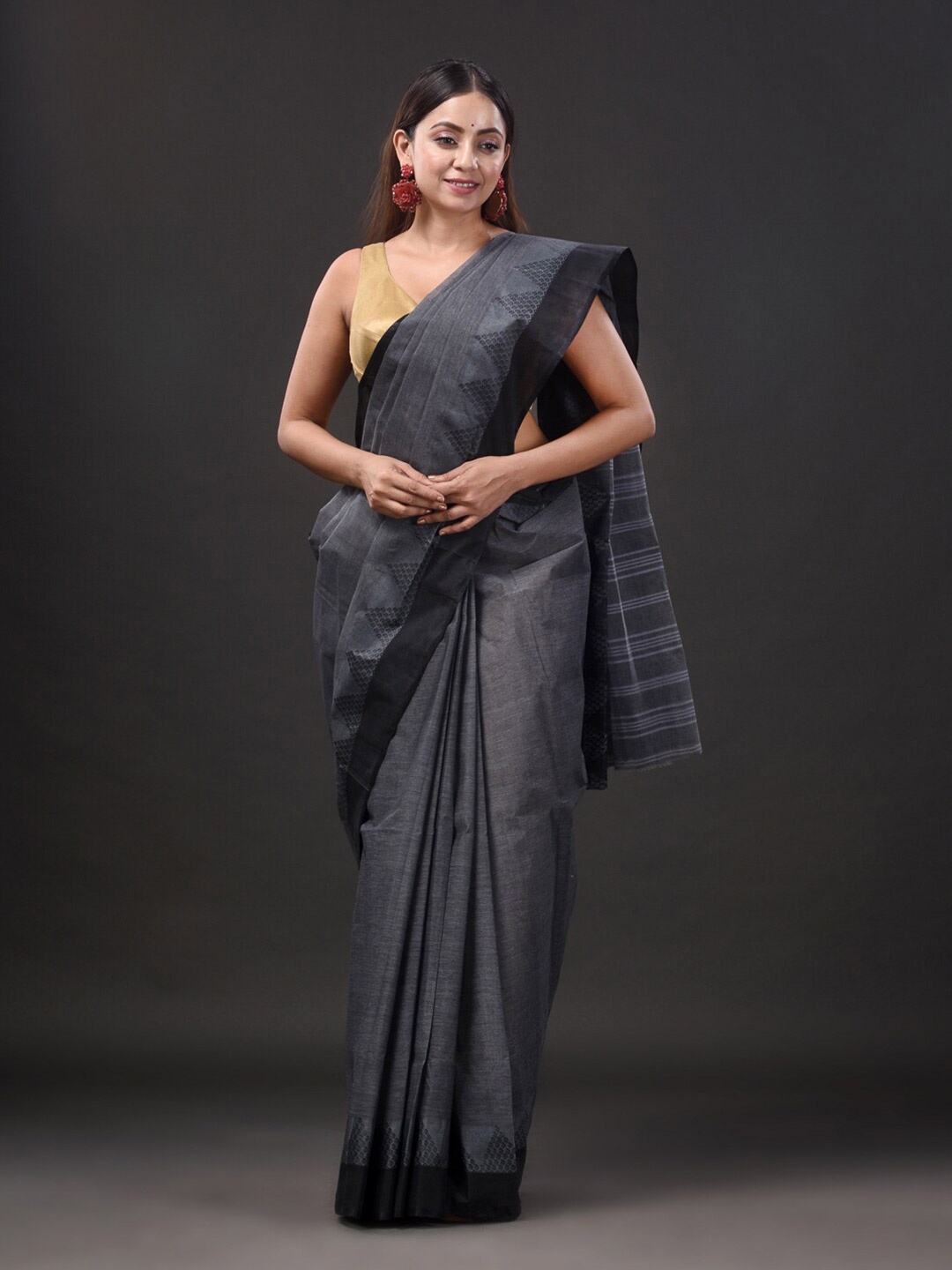 

Mitera Grey & Black Pure Cotton Taant Saree