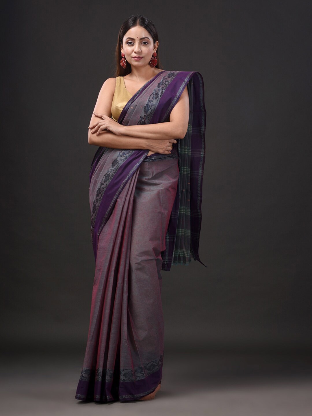

Mitera Purple Pure Cotton Taant Saree