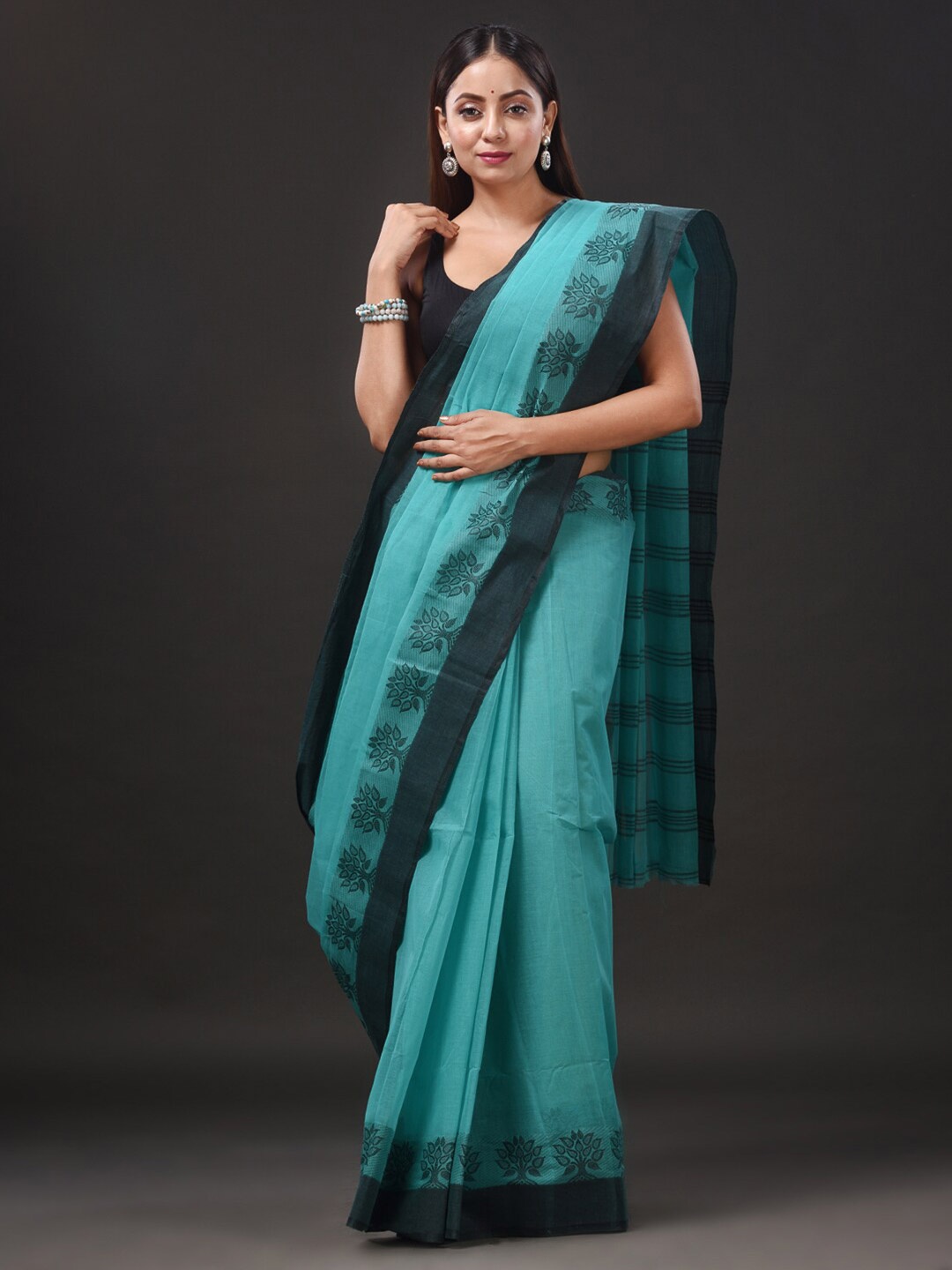 

Mitera Pure Cotton Taant Saree, Sea green