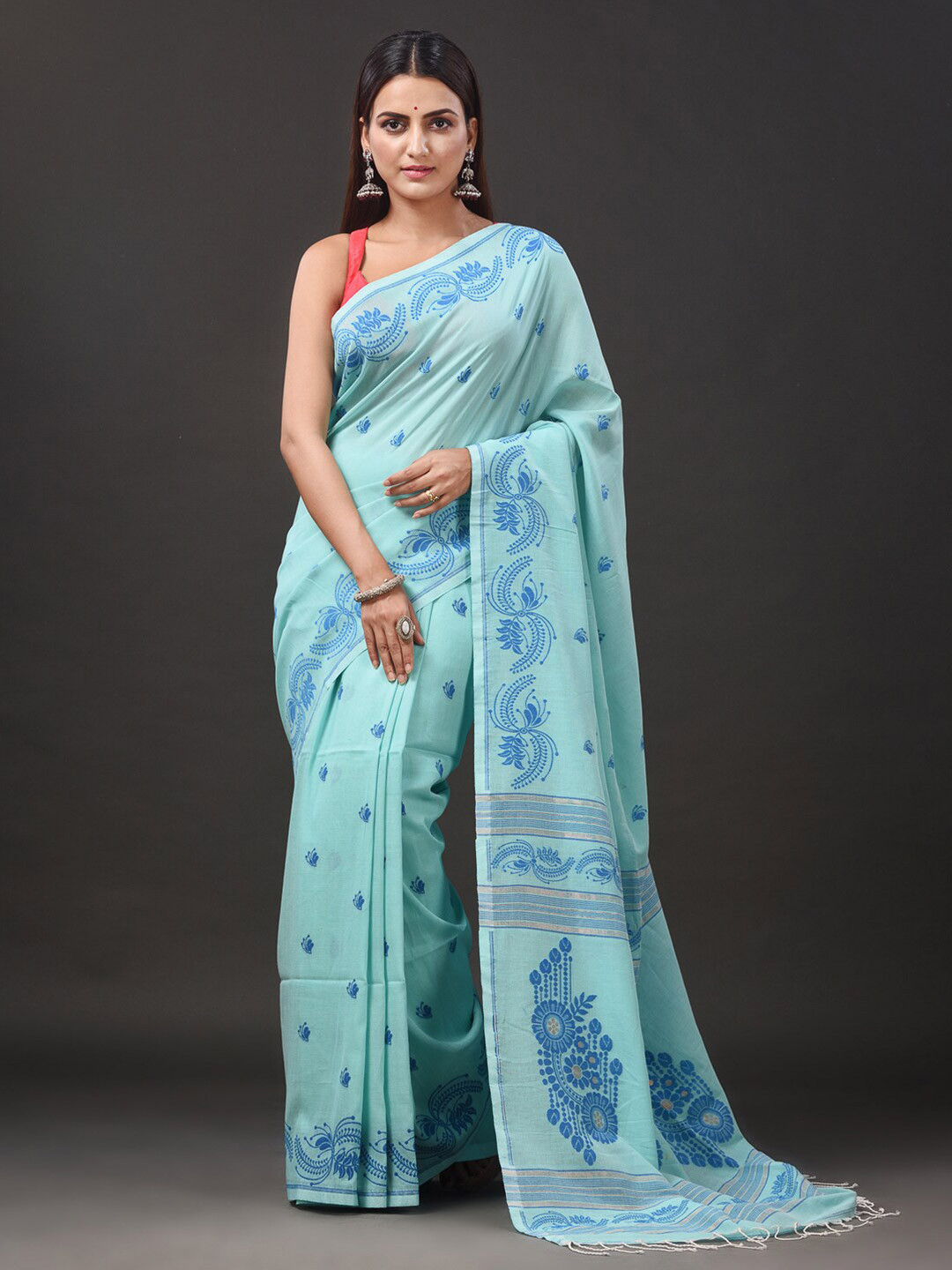

Mitera Woven Design Pure Cotton Saree, Sea green