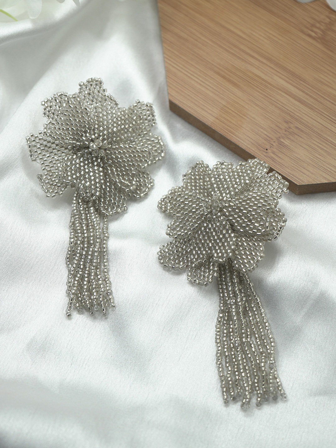 

ISHKAARA Beaded Floral Drop Earrings, Grey