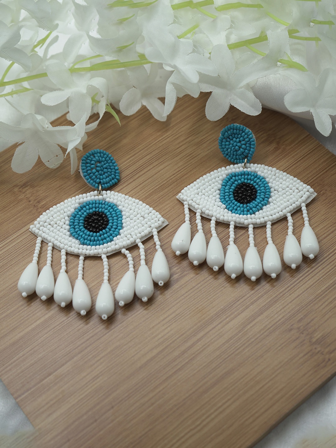 

ISHKAARA Artificial Beads-Beaded Evil Eye Drop Earrings, White