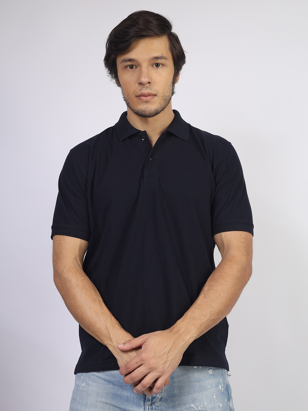 

Greylongg Men Navy Blue Polo Collar Pockets T-shirt