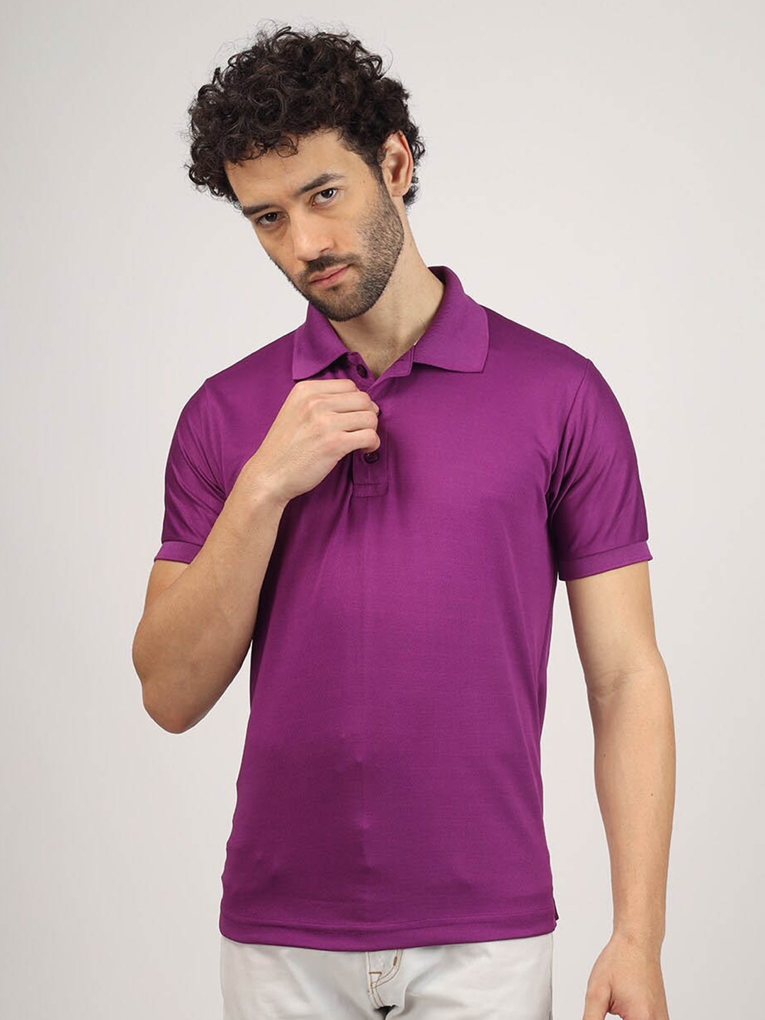 

Greylongg Polo Collar Casual Knitted T-shirt, Purple