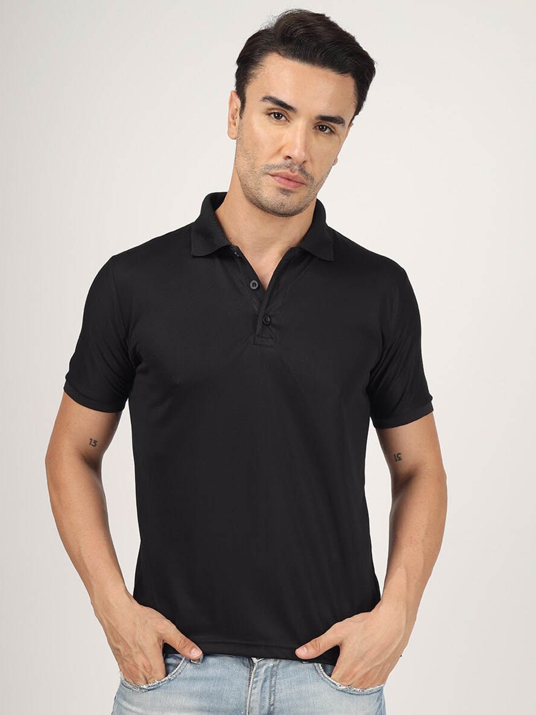 

Greylongg Polo Collar Casual Knitted T-shirt, Black