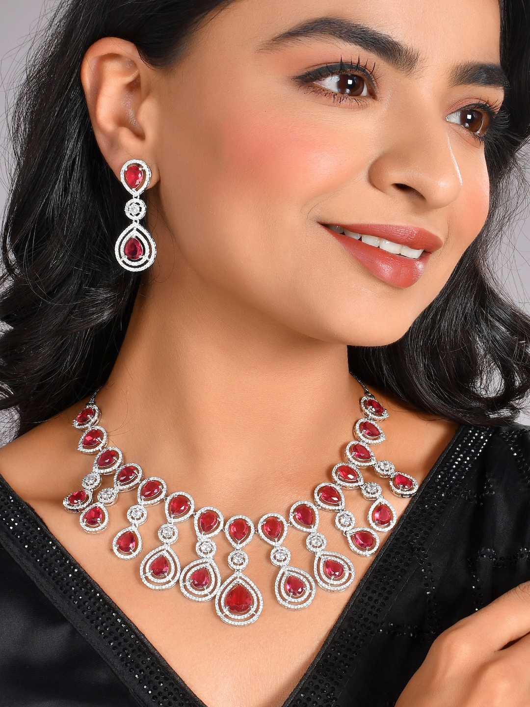 

AQUASTREET Silver-Plated AD Stone-Studded Handcrafted Emerald Teardrop Jewellery Set
