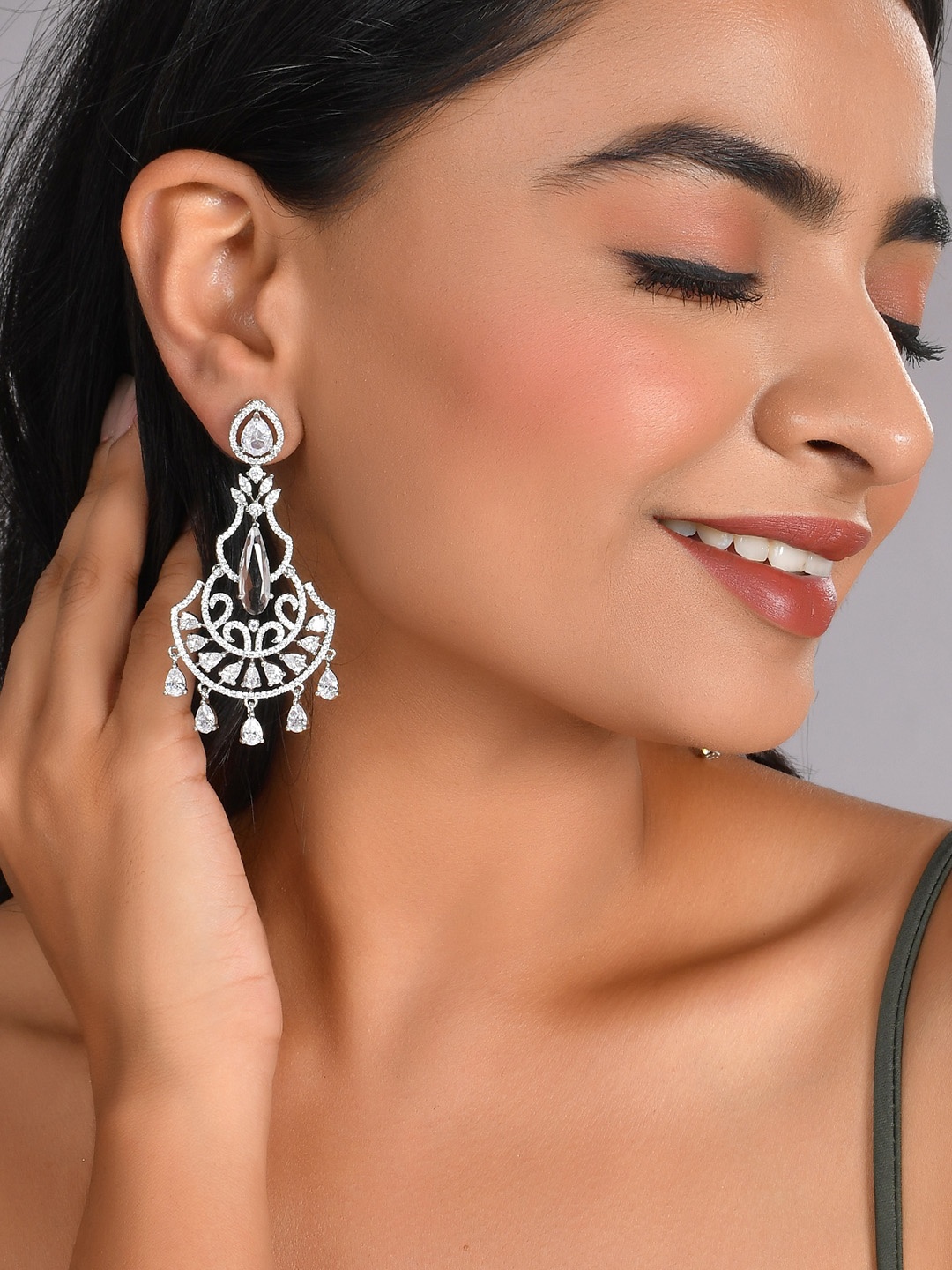

AQUASTREET Silver-Plated AD Studded Crystal Contemporary Chandbali Earrings