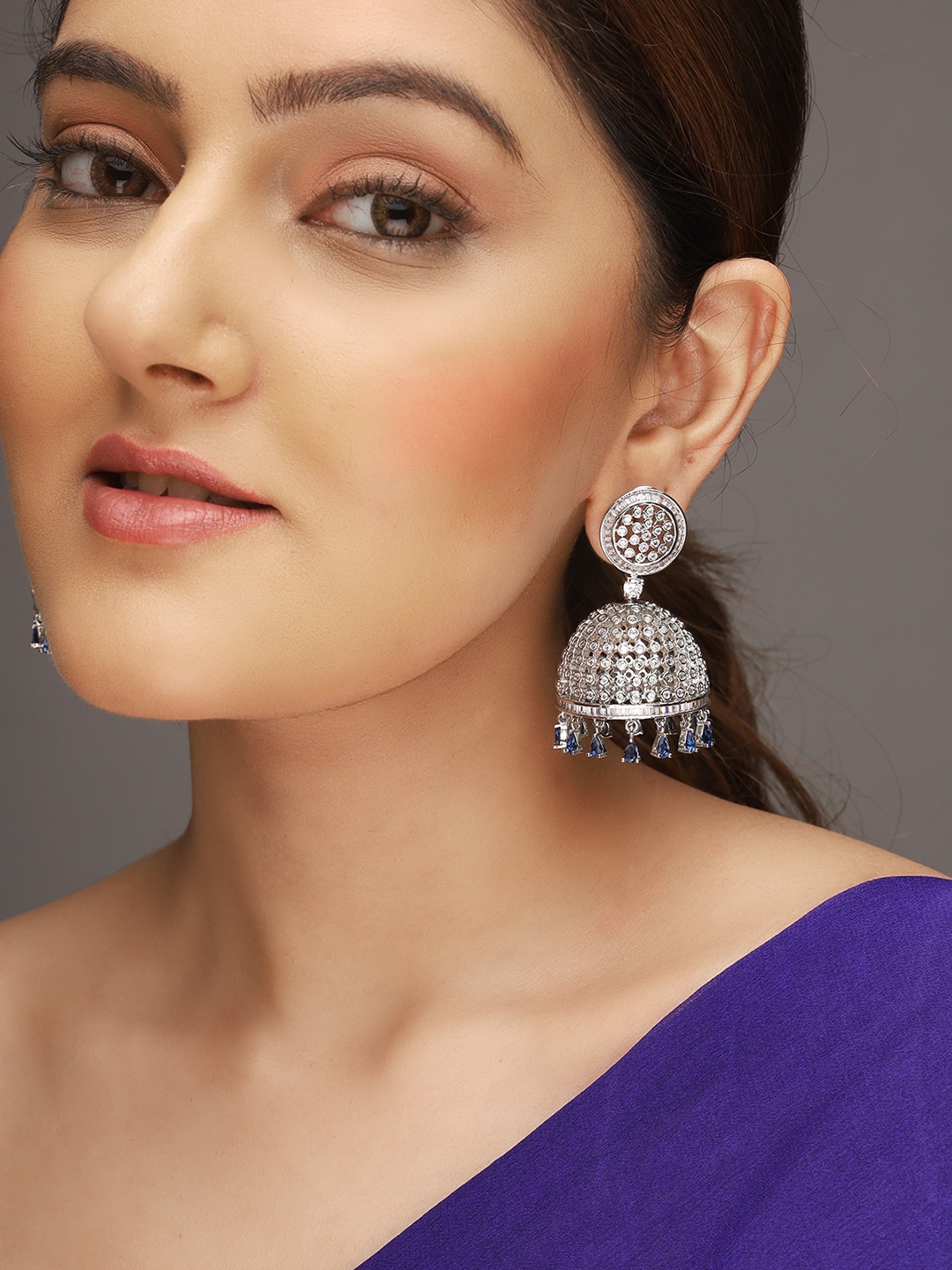 

AQUASTREET Silver-Plated AD Studded Round Contemporary Jhumkas, Blue