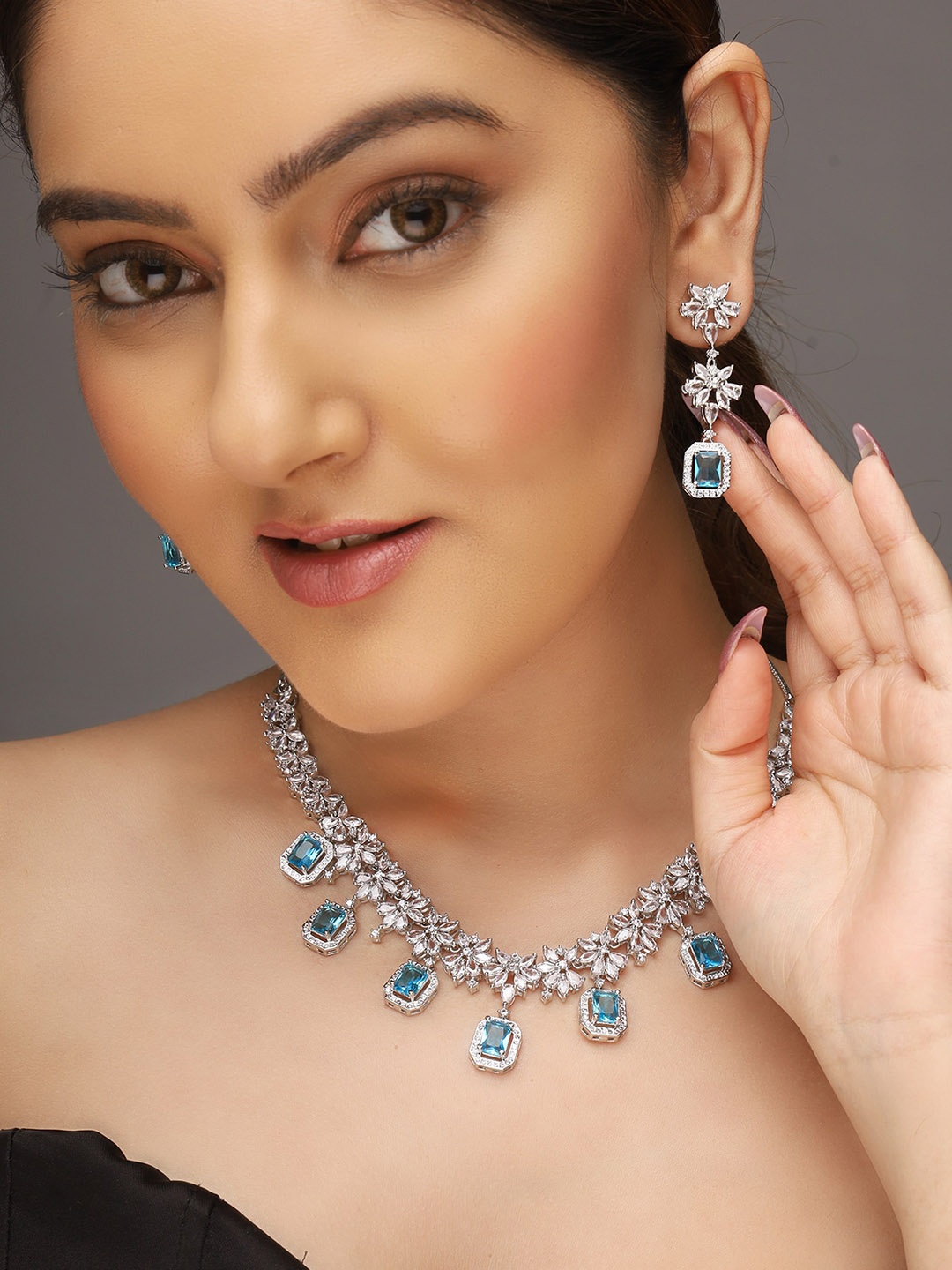 

AQUASTREET Silver-Plated AD Stone-Studded Handcrafted Jewellery Set