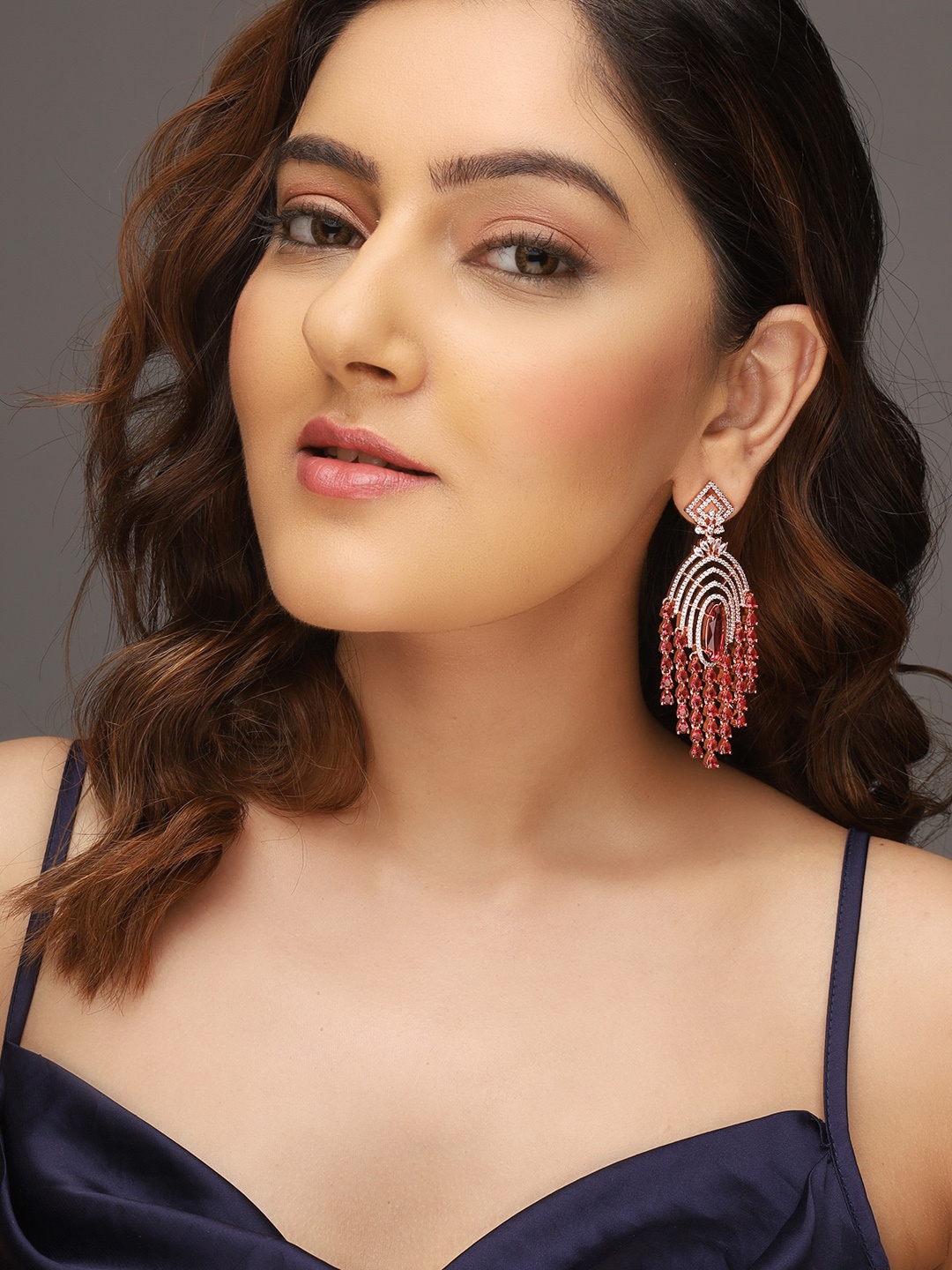 

AQUASTREET Rose Gold-Plated Red AD Studded Geometric Danglers Drop Earrings, Silver