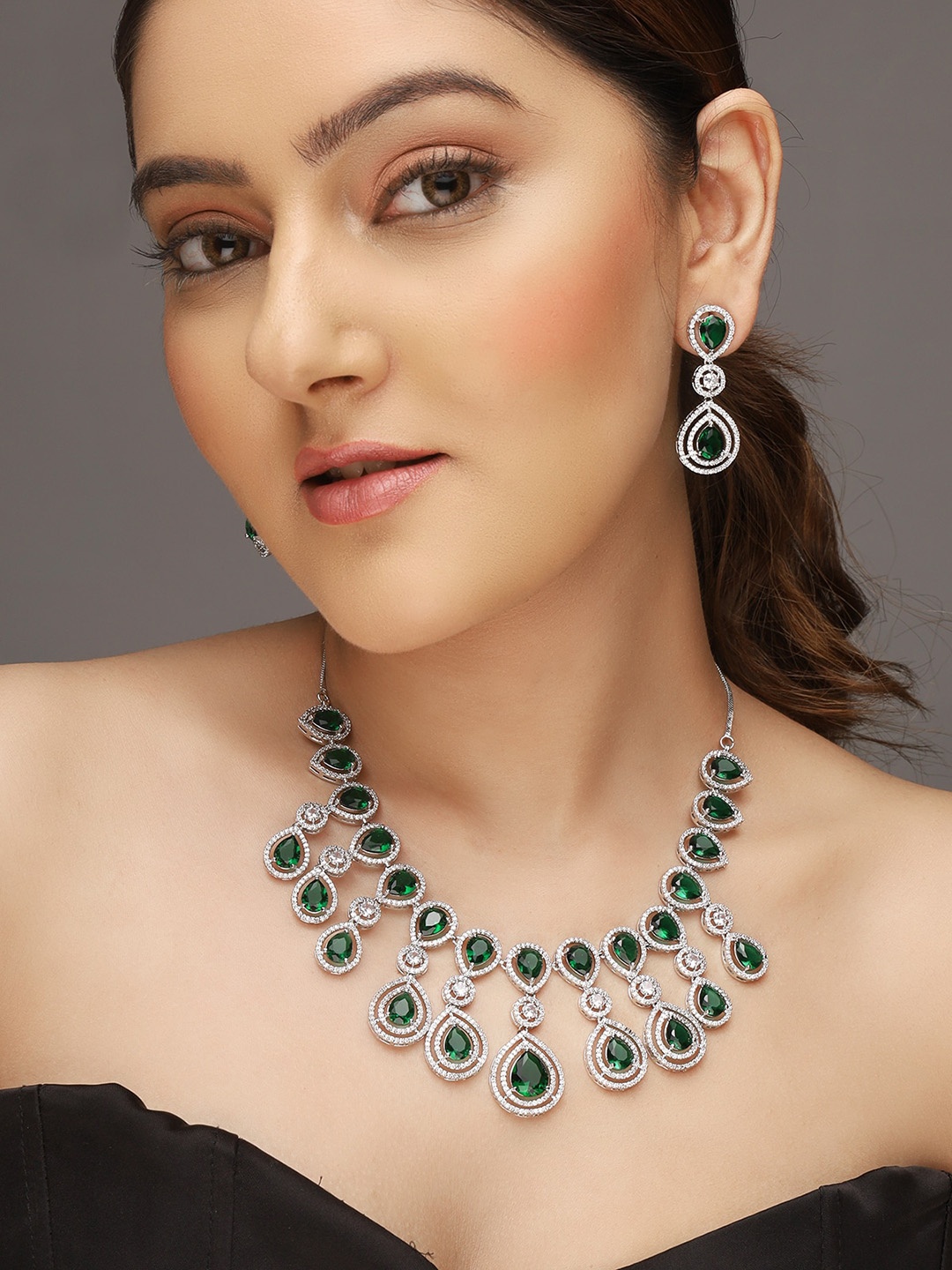 

AQUASTREET Silver-Plated AD Stone-Studded Handcrafted Emerald Jewellery Set