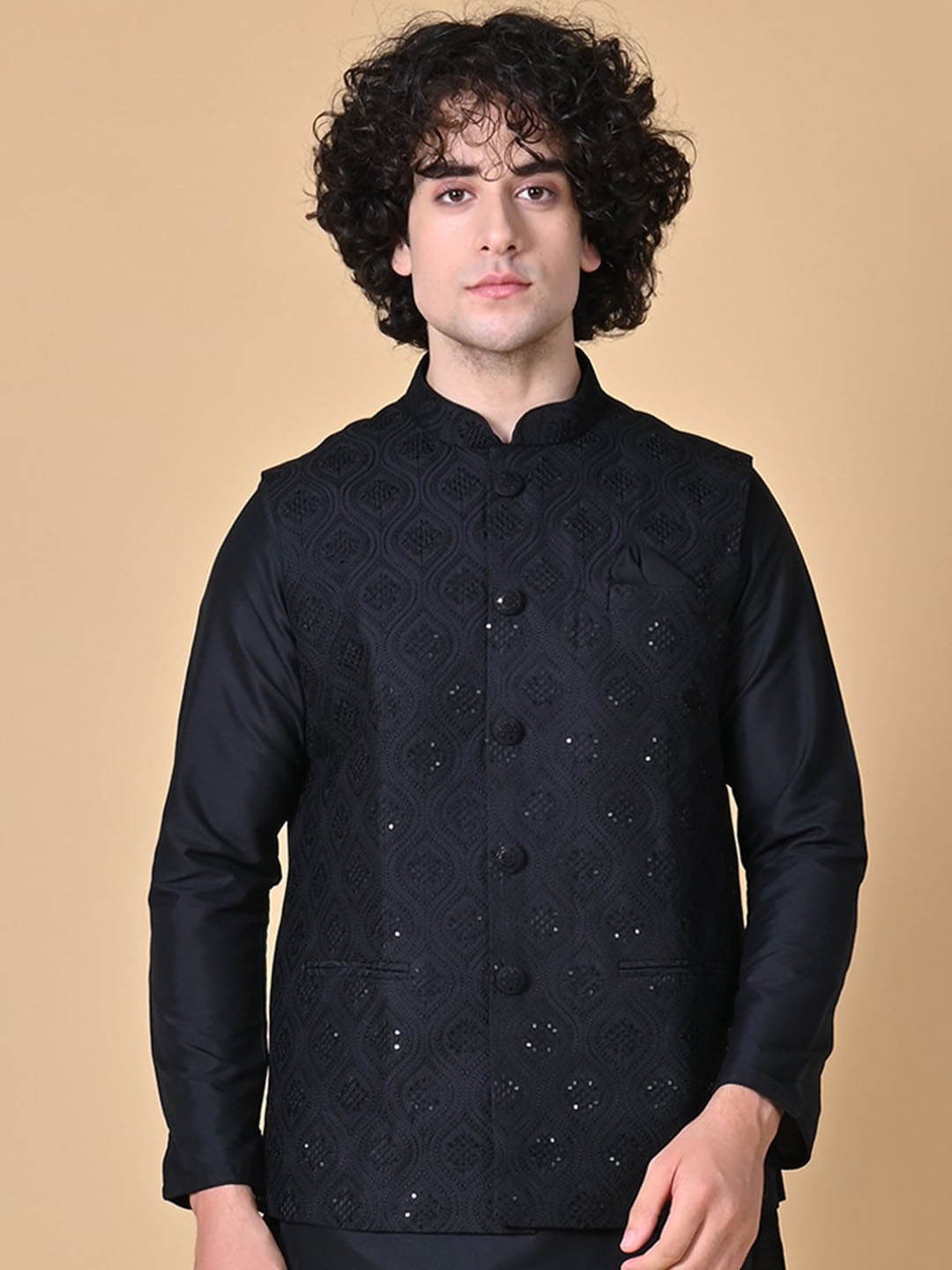 

MAAHI FABS Embellished Woven Mandarin Collar Nehru Jacket, Black