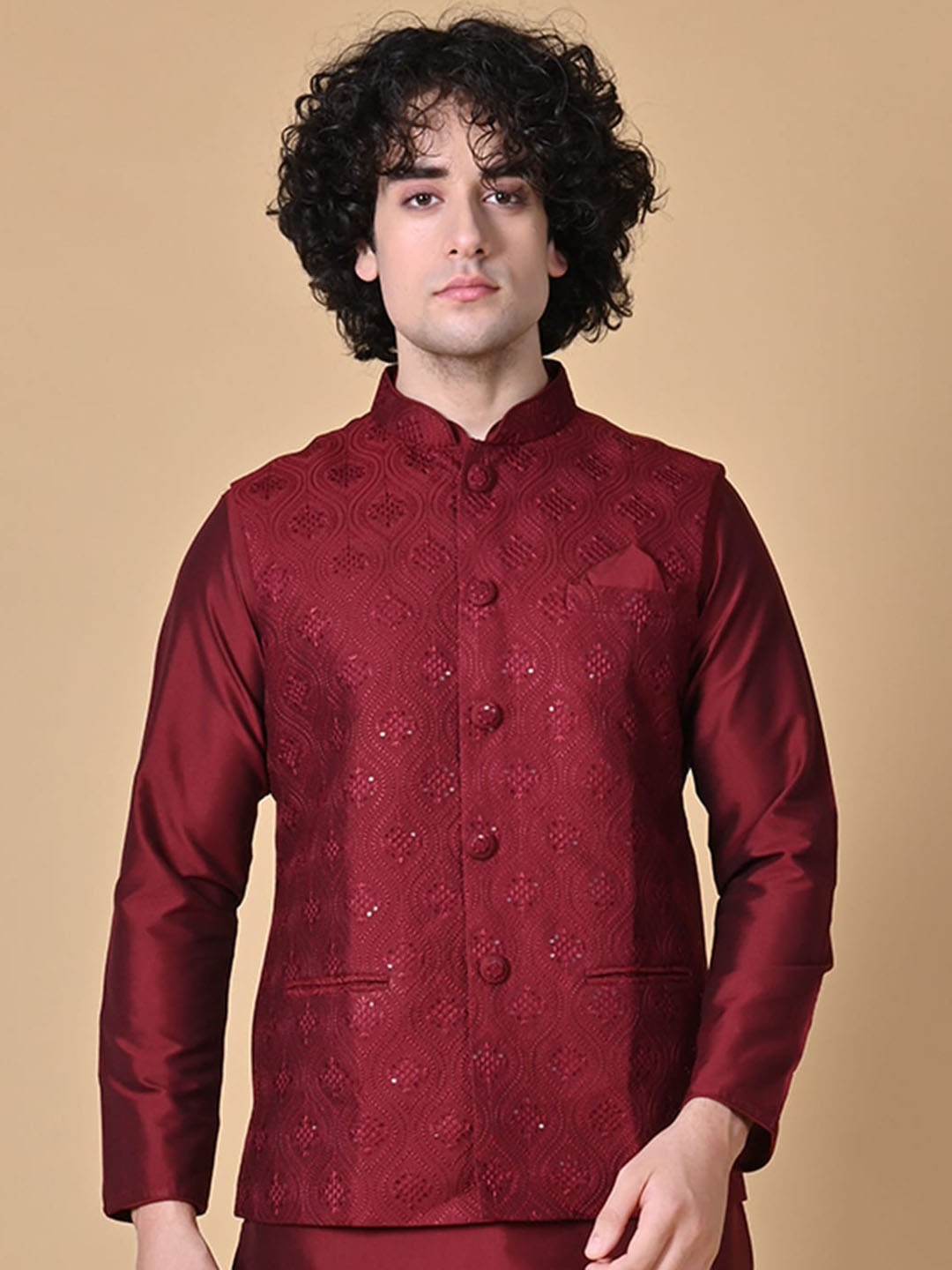 

MAAHI FABS Embellished Woven Mandarin Collar Nehru Jacket, Maroon